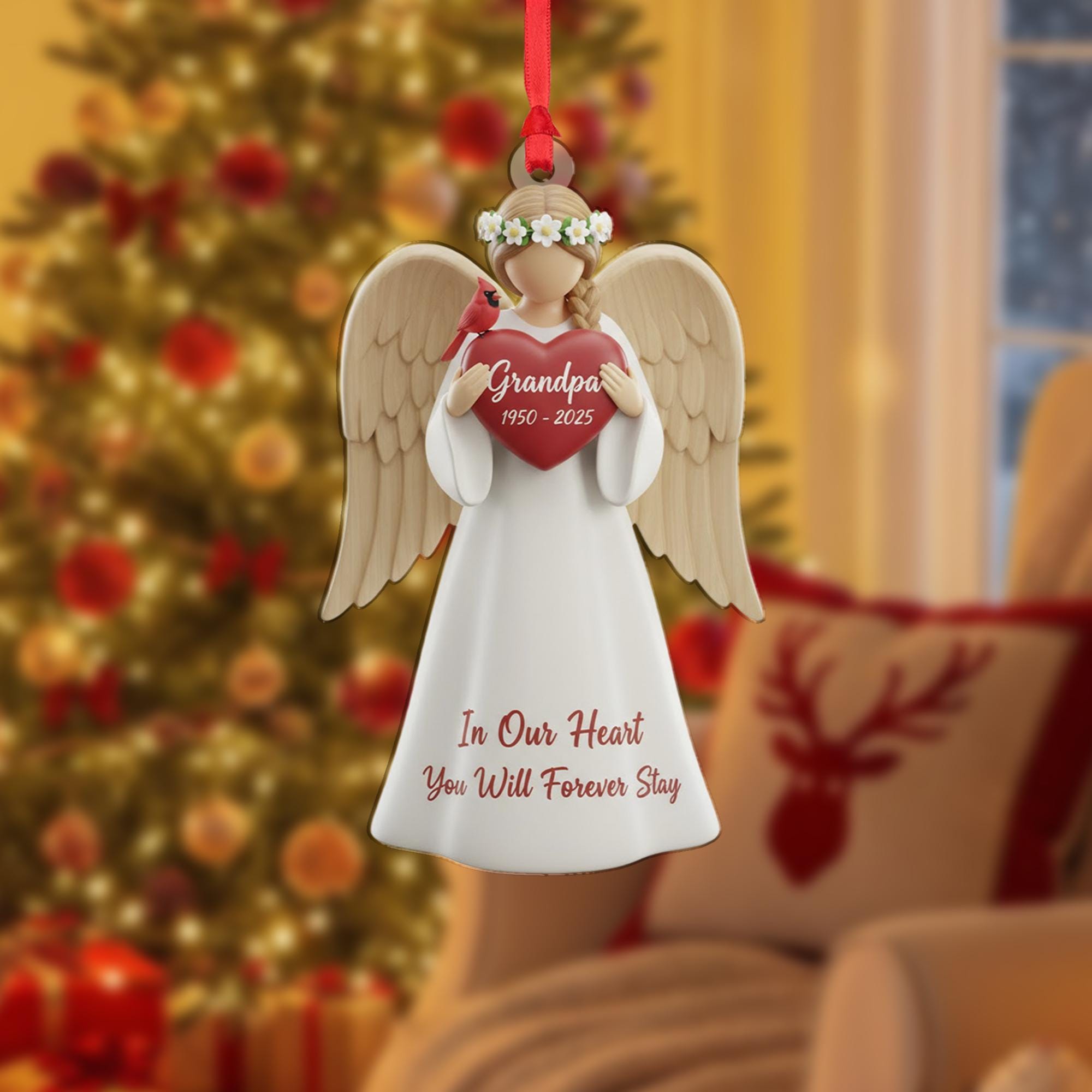 Personalized Angel Memorial Ornament: Figurine with Cardinal, Custom Name and Dates, Sympathy Decor image 2