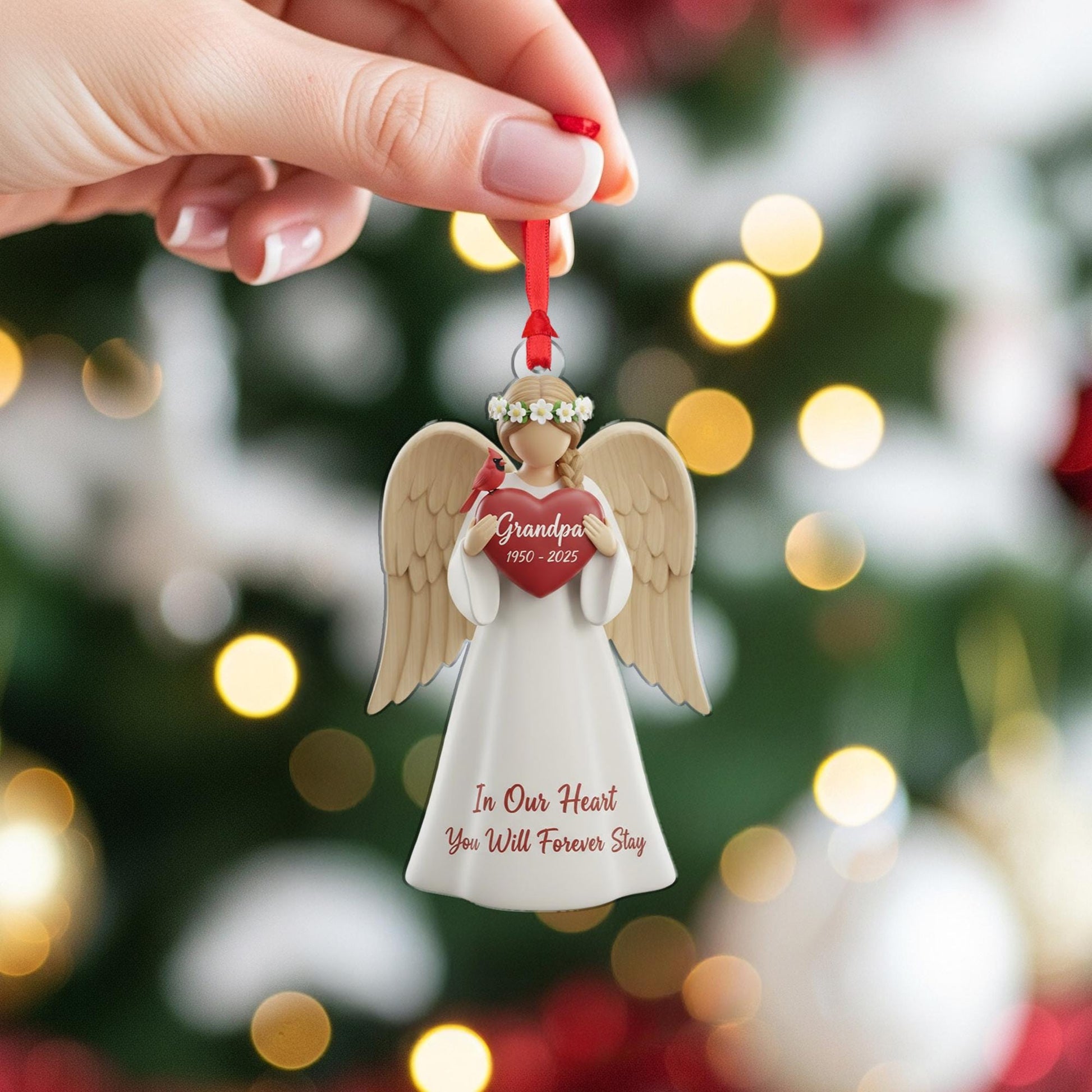 Personalized Angel Memorial Ornament: Figurine with Cardinal, Custom Name and Dates, Sympathy Decor image 5