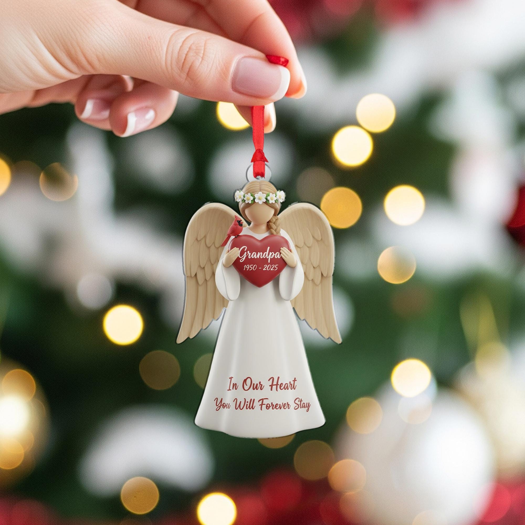 Personalized Angel Memorial Ornament: Figurine with Cardinal, Custom Name and Dates, Sympathy Decor image 5