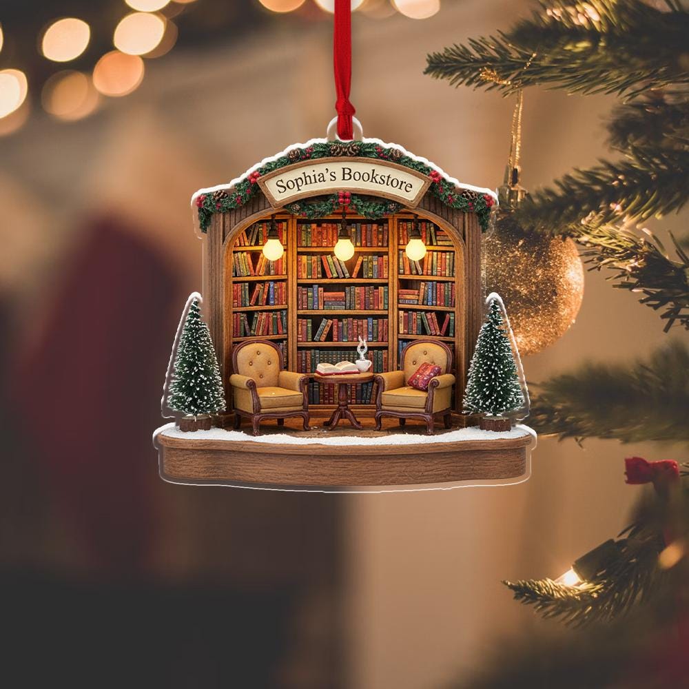 Personalized Bookstore Ornament – Custom Name Cozy Bookshop Holiday Keepsake image 3