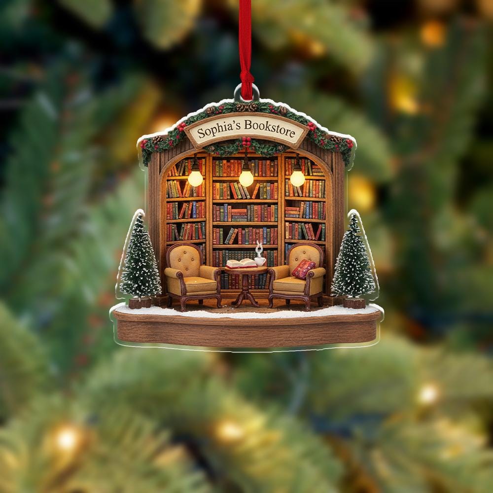 Personalized Bookstore Ornament – Custom Name Cozy Bookshop Holiday Keepsake image 1
