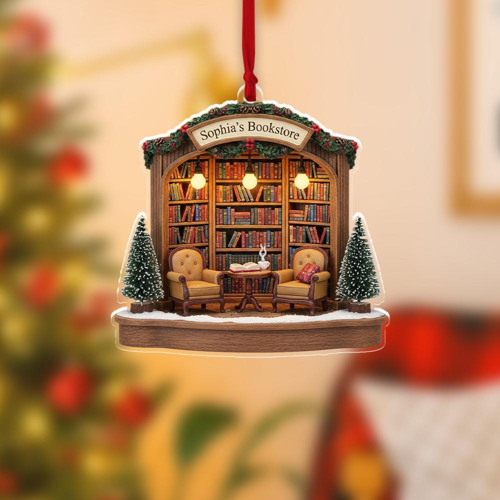 Personalized Bookstore Ornament – Custom Name Cozy Bookshop Holiday Keepsake image 5