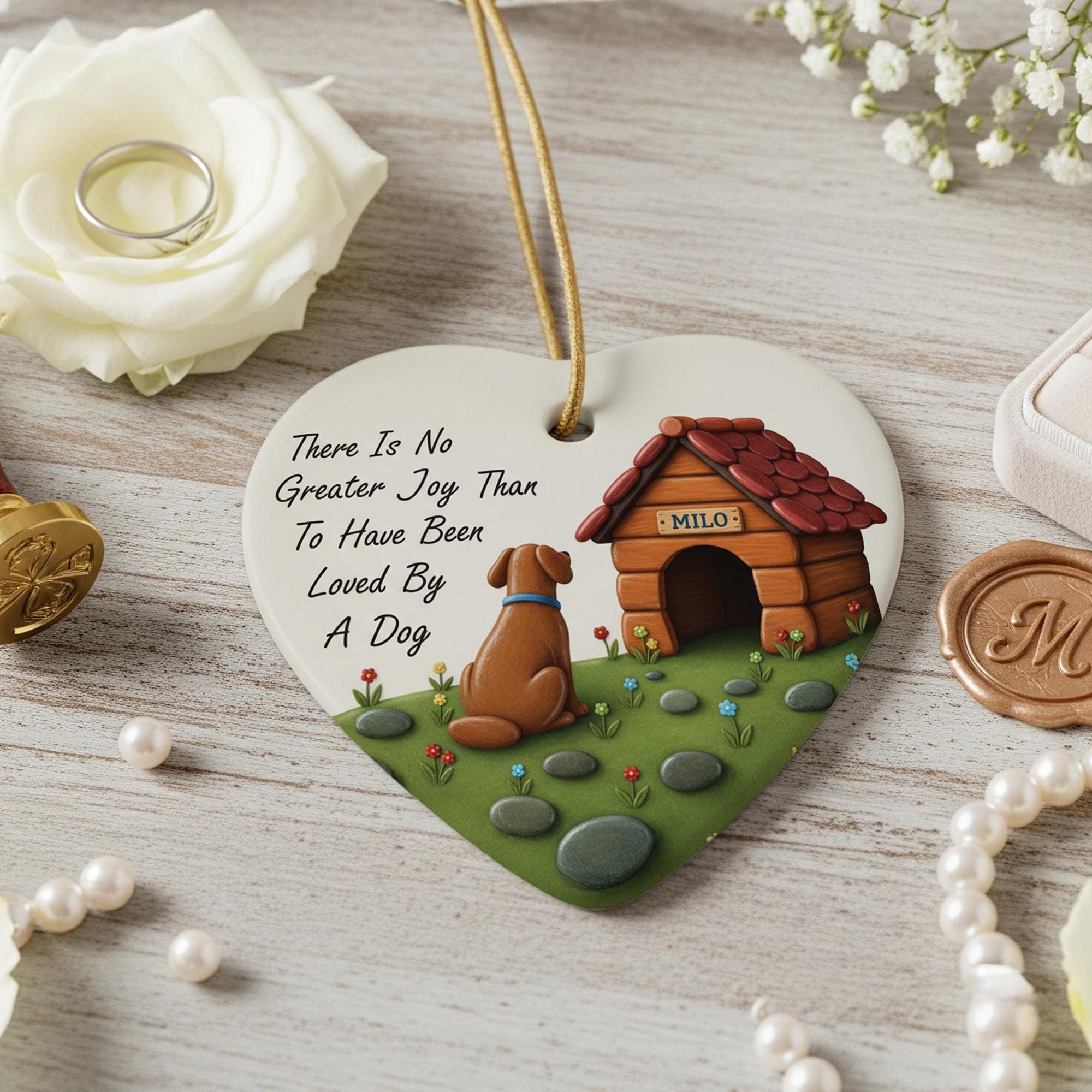 Personalized Dog Memorial Ornament: Ceramic Heart with Custom Name, "Loved By A Dog" Quote image 1