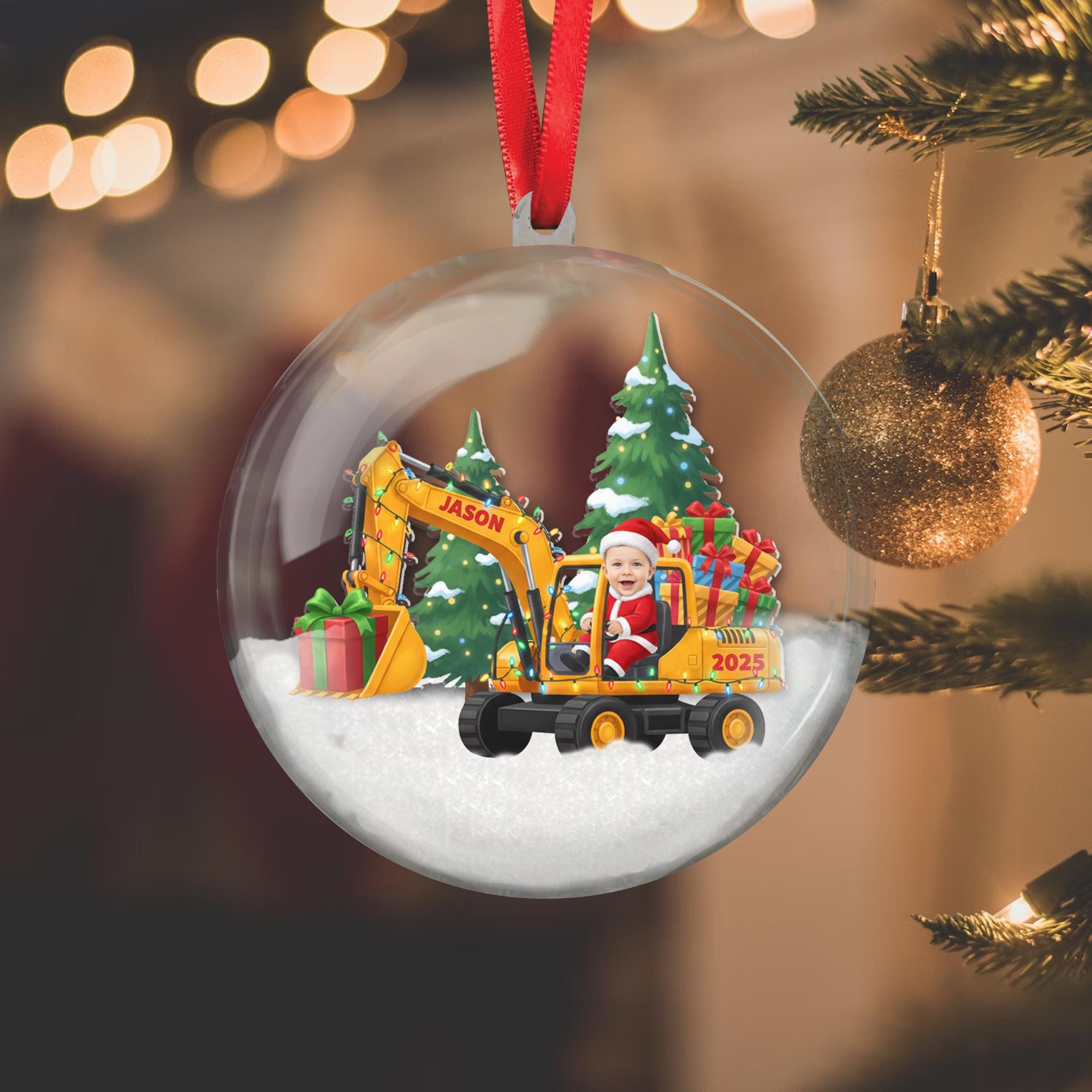 Personalized Excavator Ornament – Custom Face & Name Construction Truck Holiday Keepsake image 2