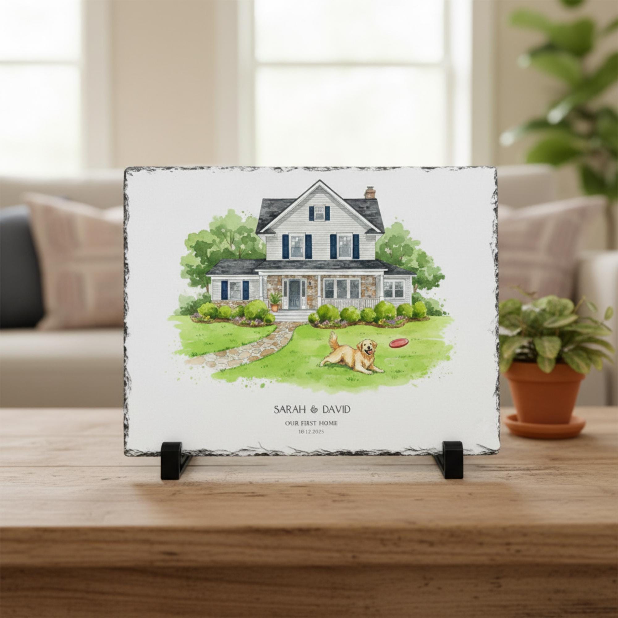 Custom House Illustration Stone Plaque – Personalized New Home Decor image 1