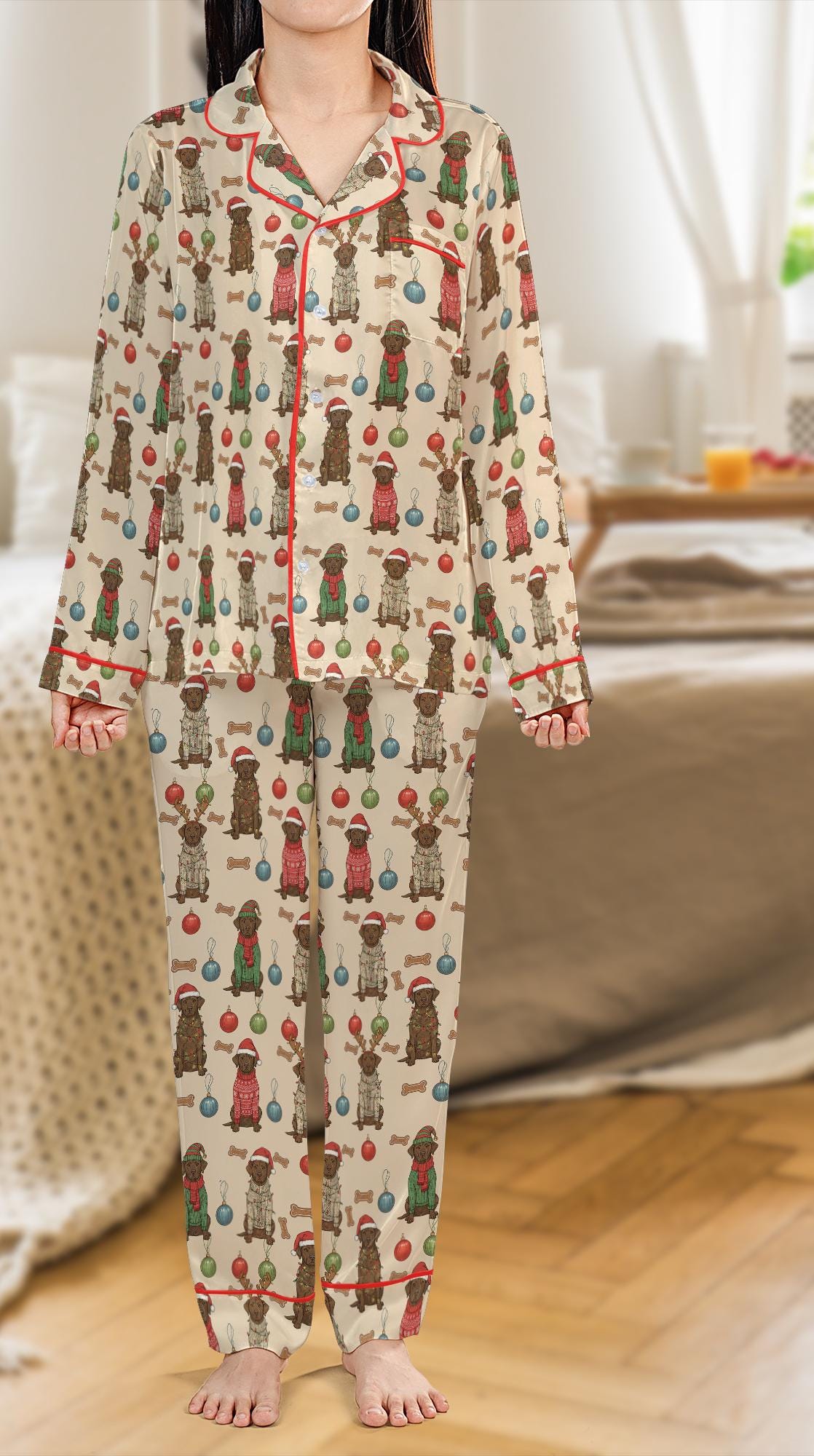 Satin Printed Pajama Set: Chocolate Lab Dog Christmas Long Sleeve & Short Sleeve image 2