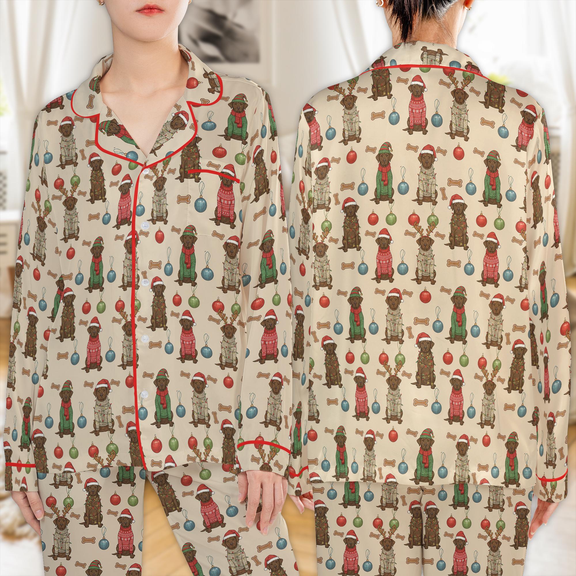 Satin Printed Pajama Set: Chocolate Lab Dog Christmas Long Sleeve & Short Sleeve image 1