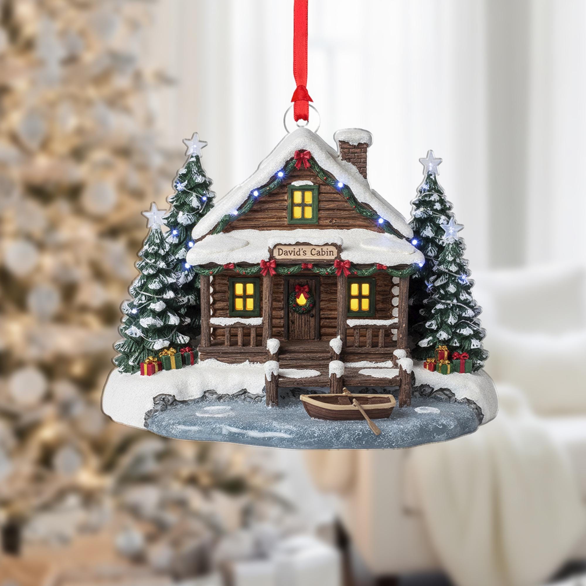 Rustic Log Cabin Ornament: Personalized Christmas Decor, Snowy Cabin Keepsake image 1