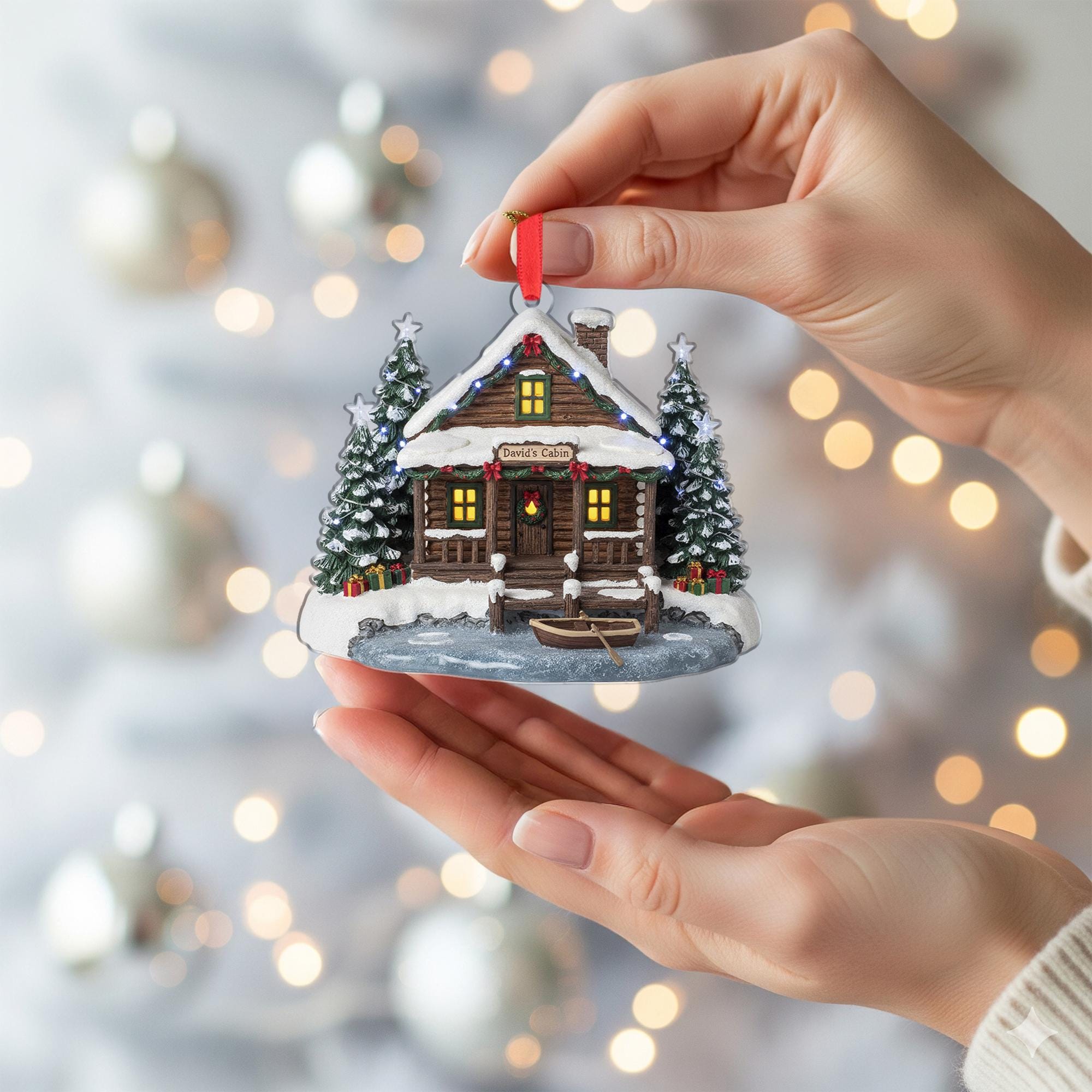 Rustic Log Cabin Ornament: Personalized Christmas Decor, Snowy Cabin Keepsake image 4