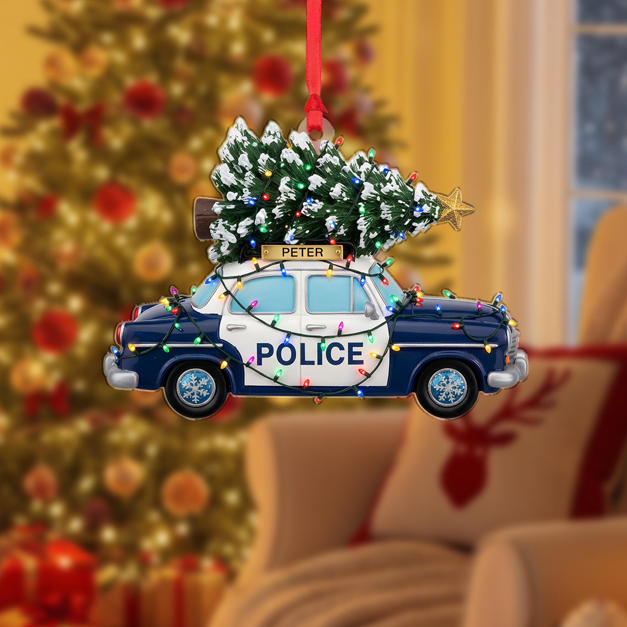 Personalized Police Car Ornament with Christmas Tree and Holiday Lights, Custom Name Design image 1