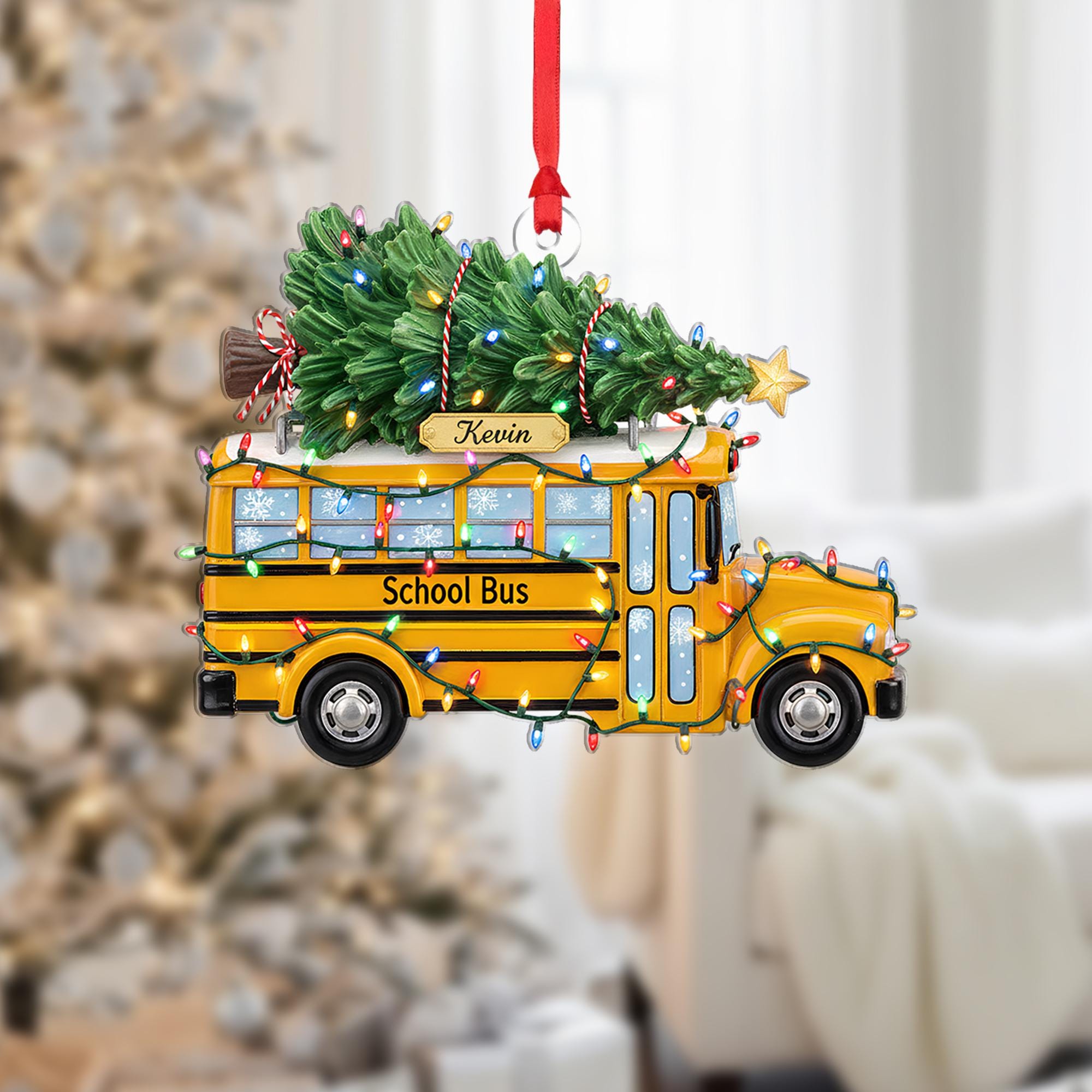 Personalized School Bus Ornament with Christmas Tree and Holiday Lights, Custom Name Design image 1