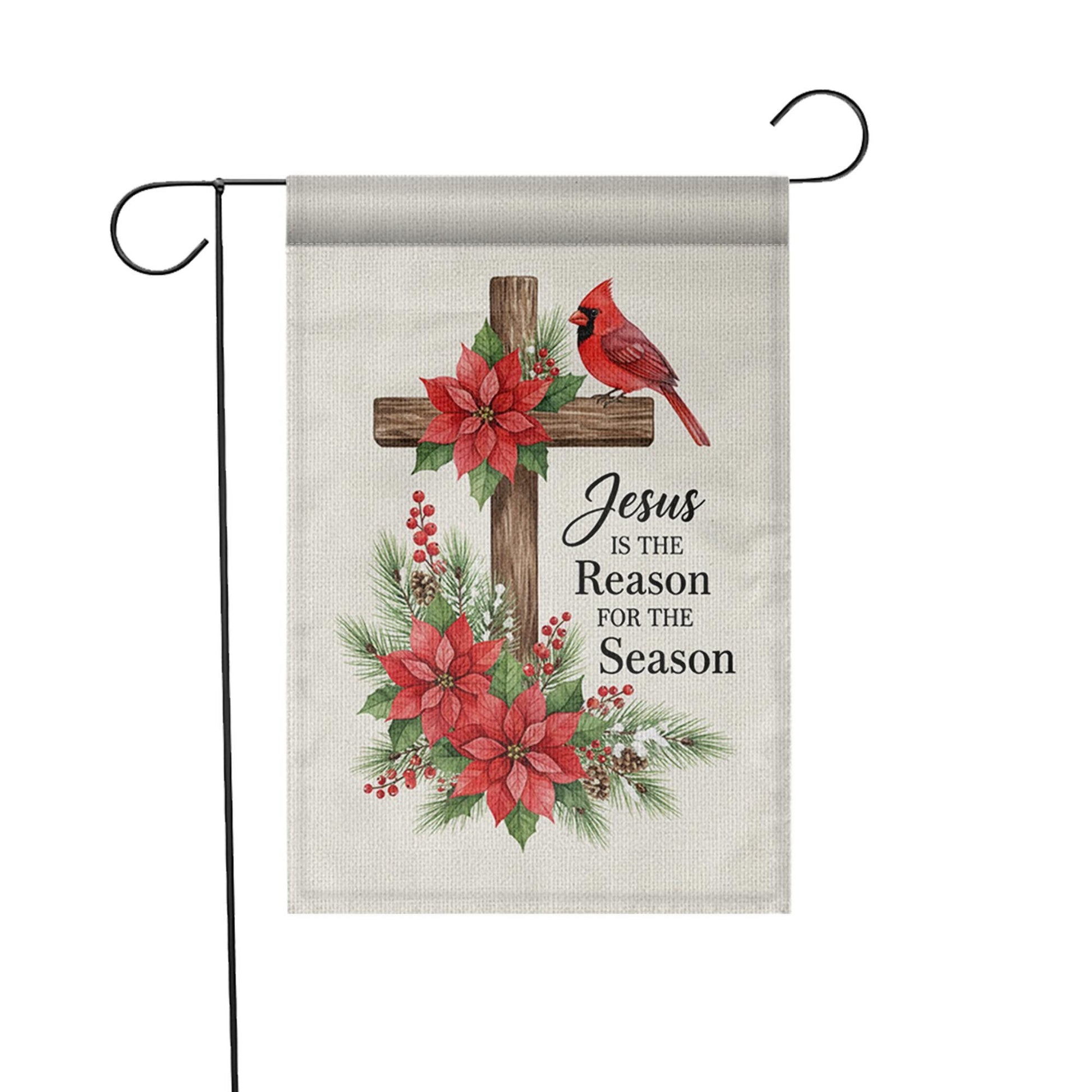 Christian Christmas Garden Flag with Cross and Poinsettias and Cardinal Design image 4