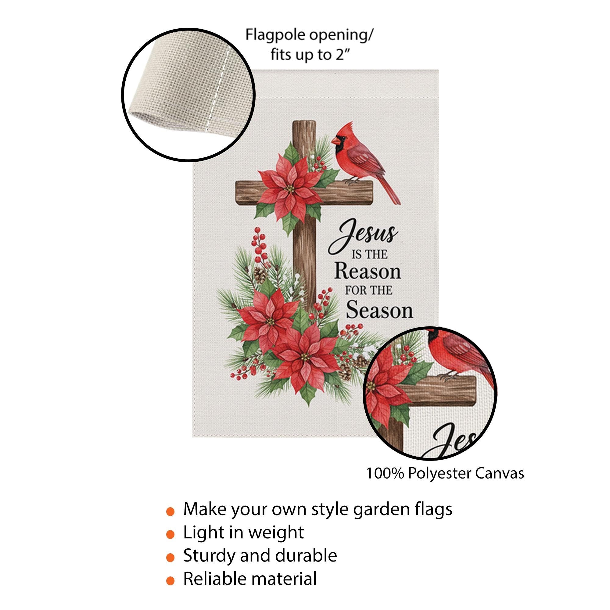 Christian Christmas Garden Flag with Cross and Poinsettias and Cardinal Design image 5