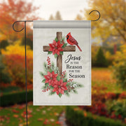 Christian Christmas Garden Flag with Cross and Poinsettias and Cardinal Design image 1