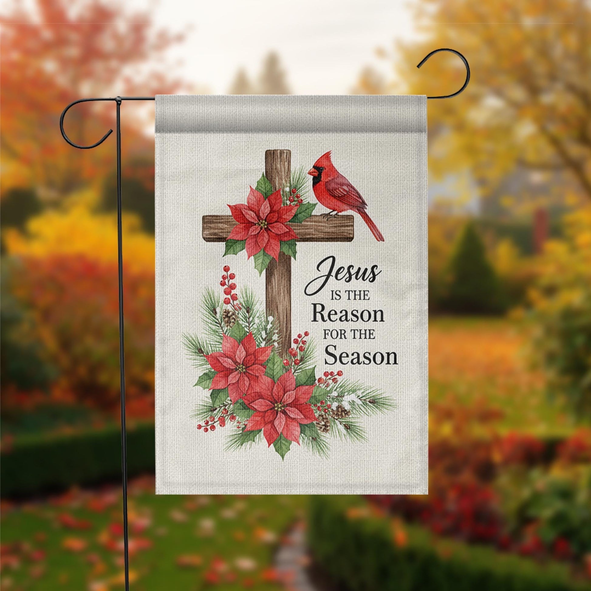 Christian Christmas Garden Flag with Cross and Poinsettias and Cardinal Design image 1