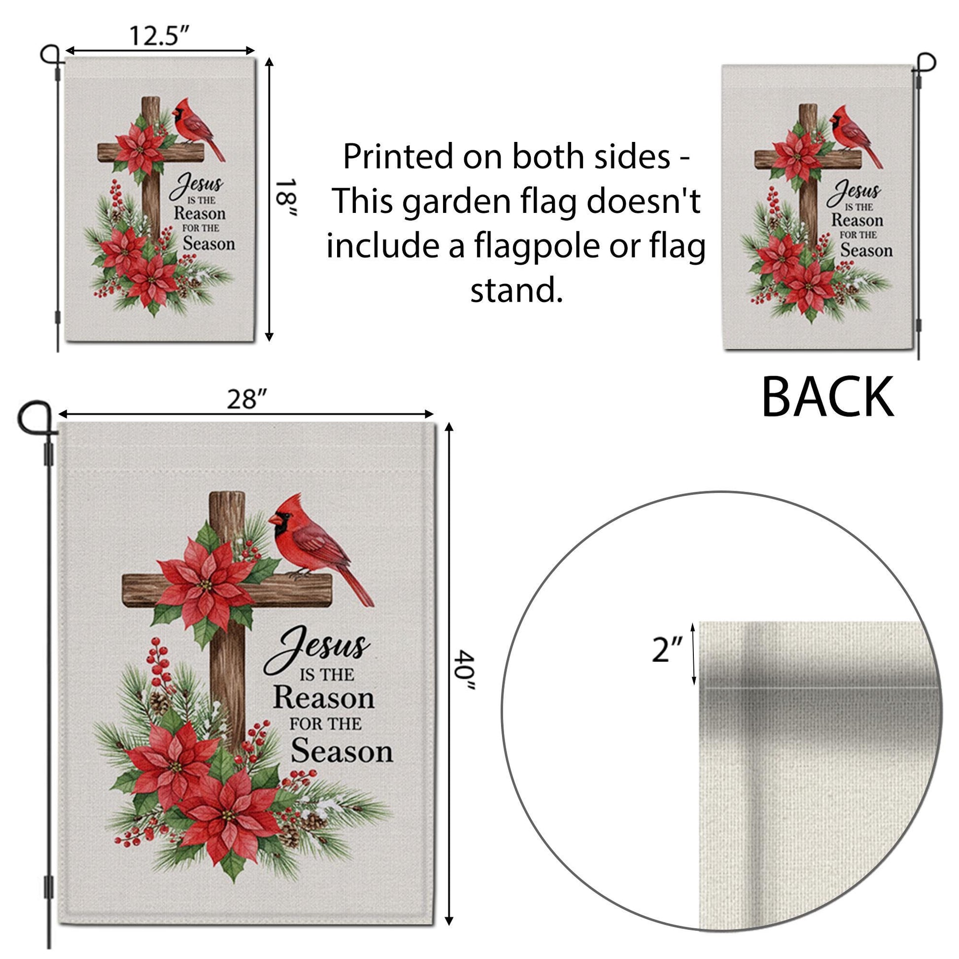 Christian Christmas Garden Flag with Cross and Poinsettias and Cardinal Design image 6