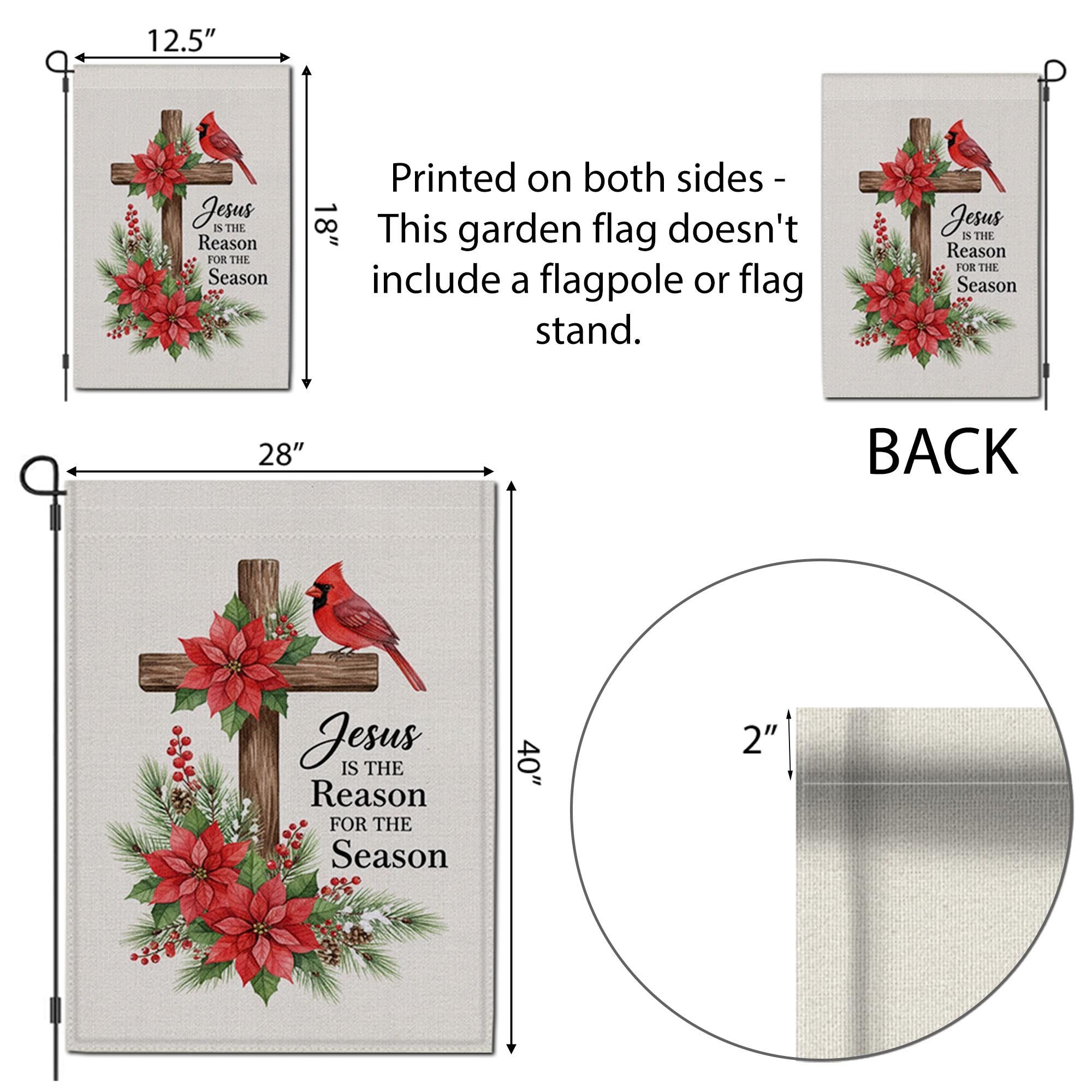 Christian Christmas Garden Flag with Cross and Poinsettias and Cardinal Design image 6