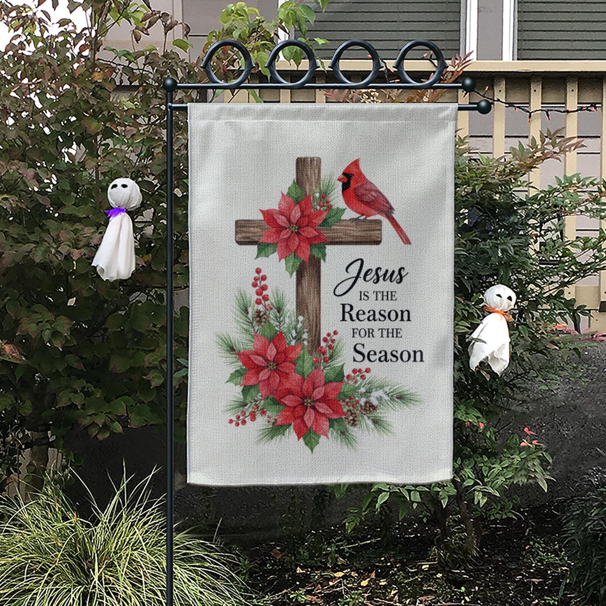 Christian Christmas Garden Flag with Cross and Poinsettias and Cardinal Design image 3