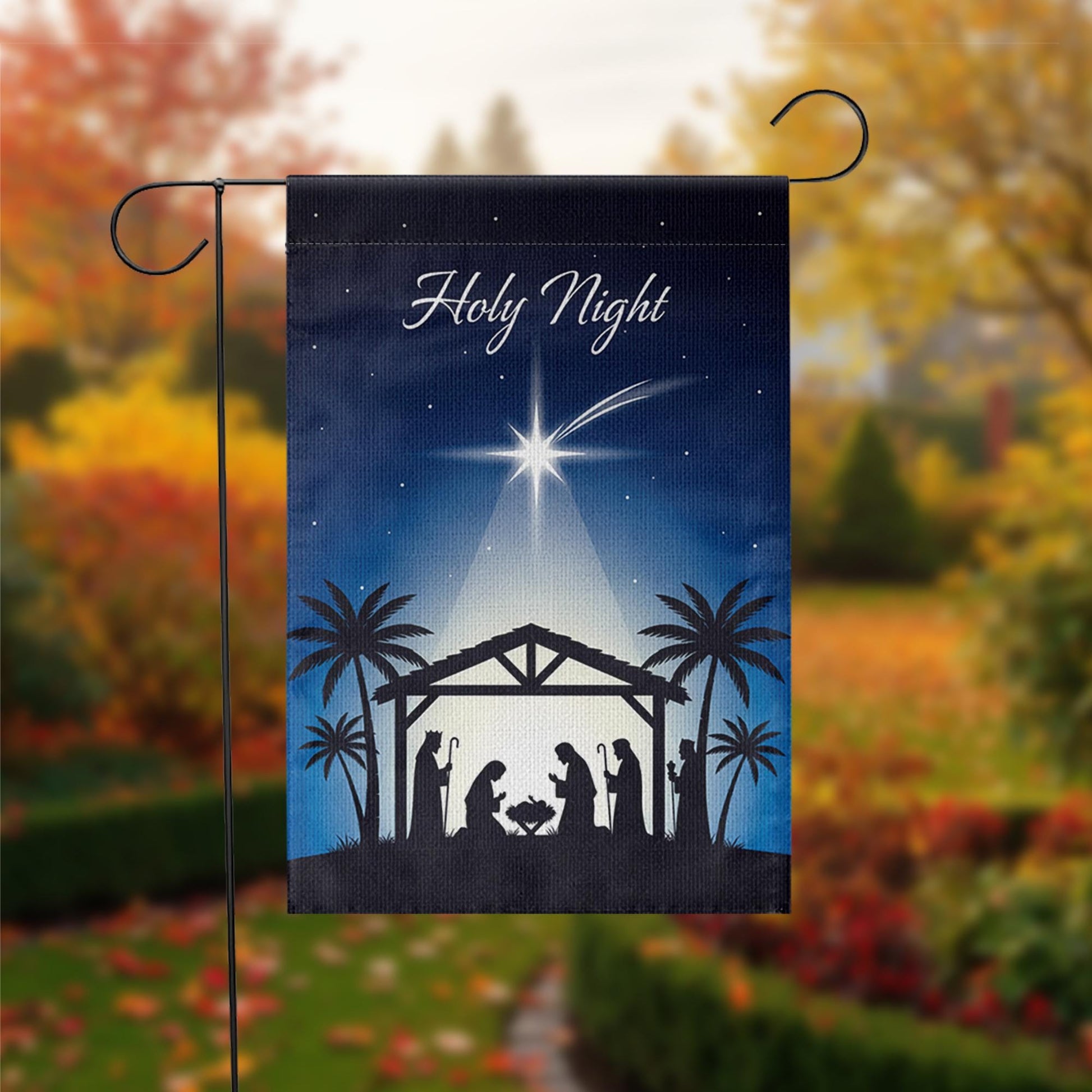Nativity Christmas Garden Flag with Holy Night Design and Silhouette Manger Scene image 2