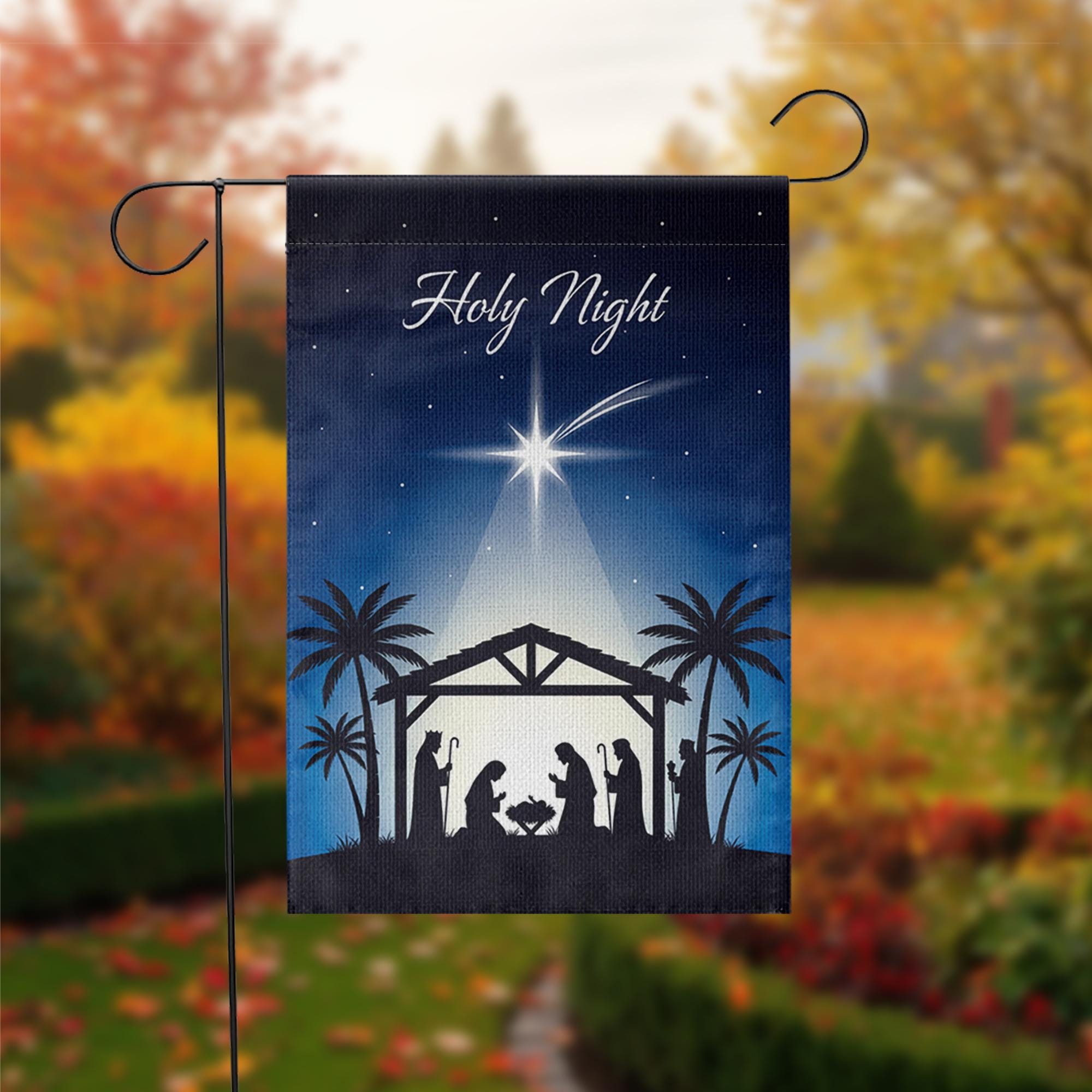 Nativity Christmas Garden Flag with Holy Night Design and Silhouette Manger Scene image 2