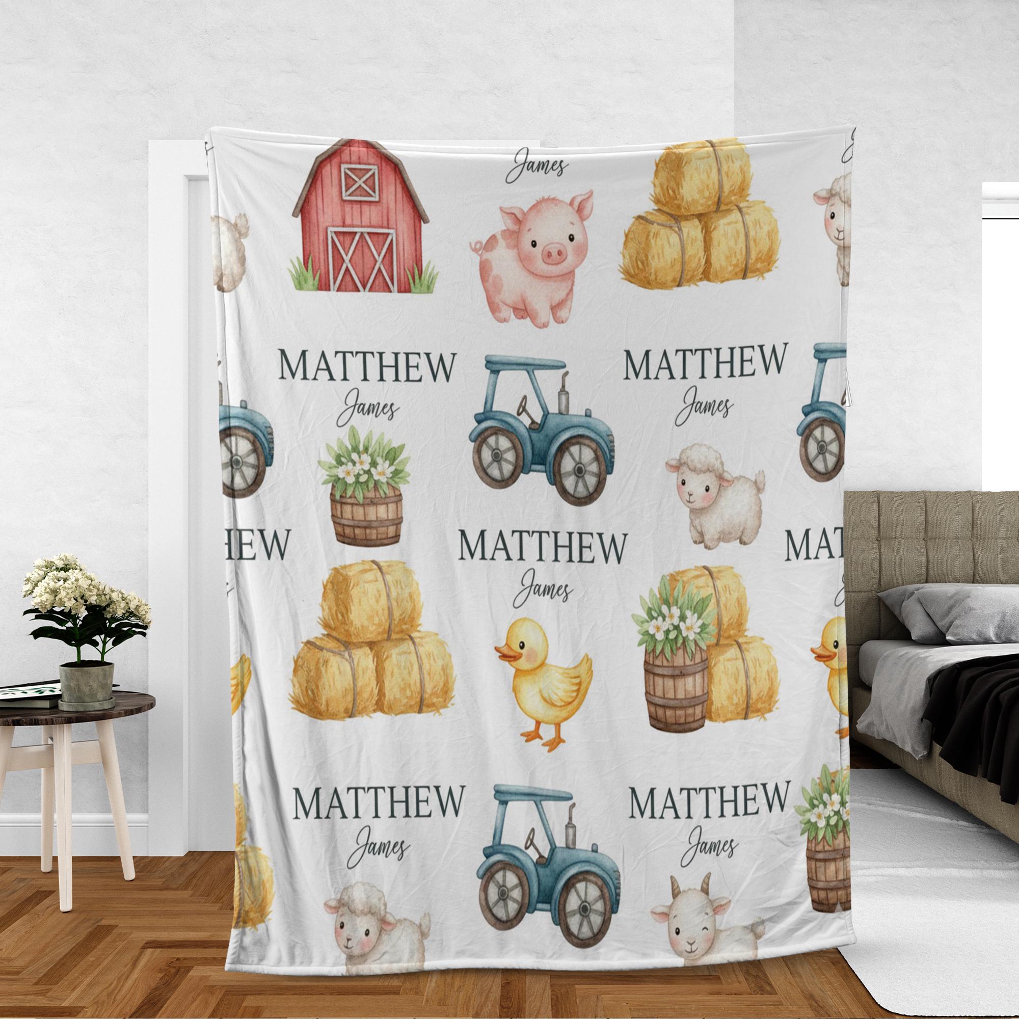 Personalized Fleece Blanket: Farm Animal Print, Red Barn, Tractor Motif image 1