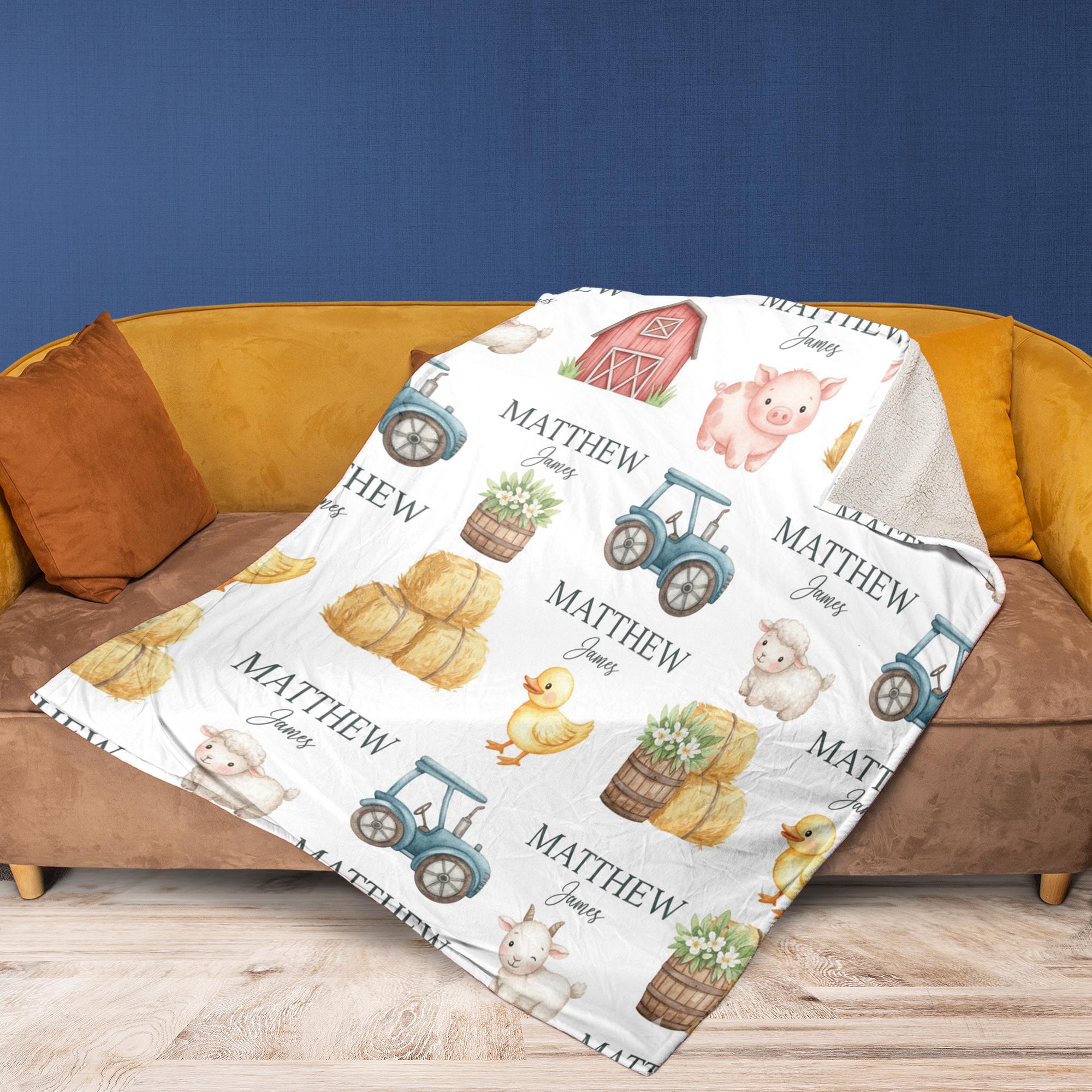 Personalized Fleece Blanket: Farm Animal Print, Red Barn, Tractor Motif image 2