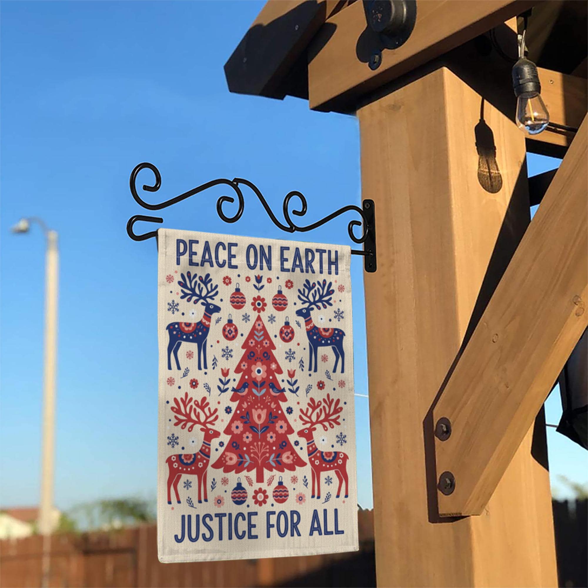 Christmas Garden Flag with Peace on Earth Design and Folk Art Reindeer Pattern image 1