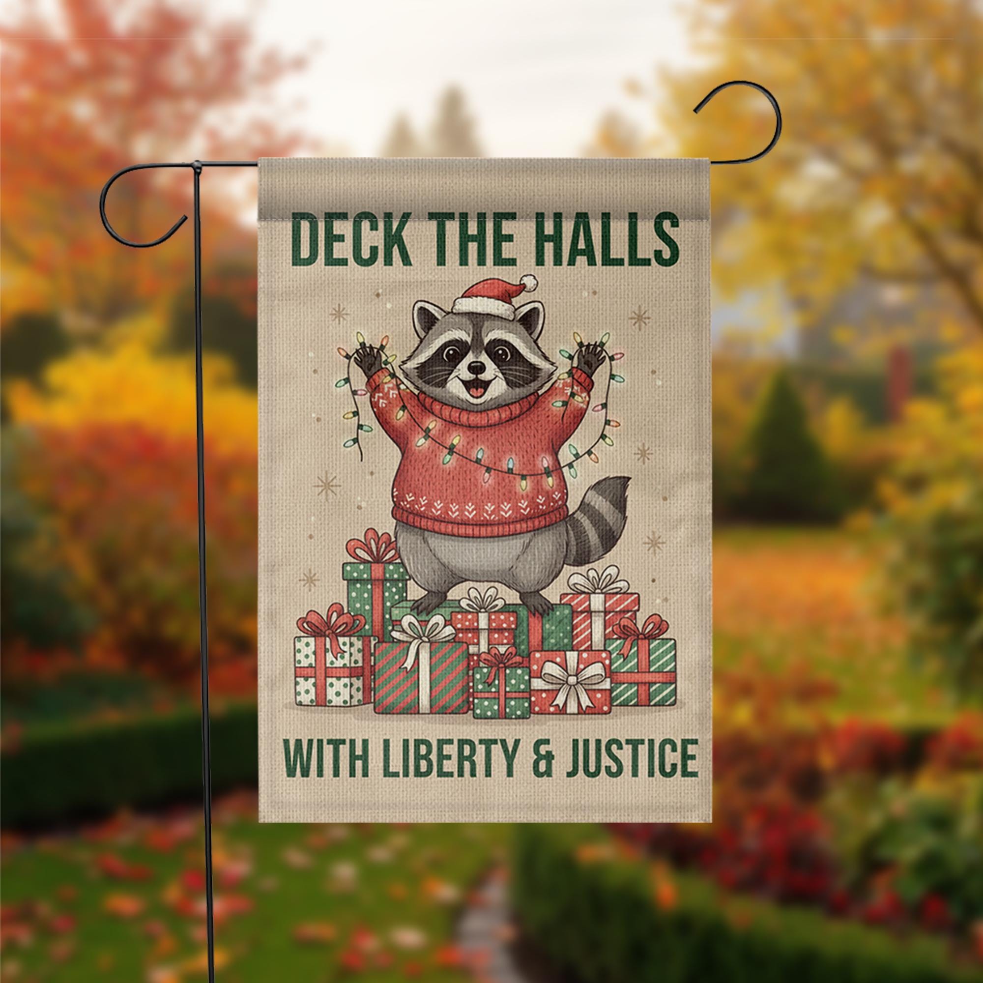 Christmas Garden Flag with Raccoon Illustration and Holiday Present Design image 2