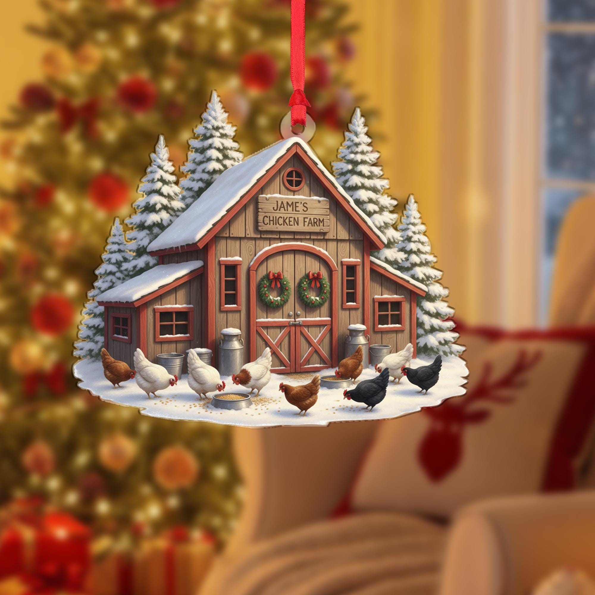 Personalised Chicken Farm Ornament: Custom Wooden Farmhouse Snowy Coop Hanging Decoration image 2