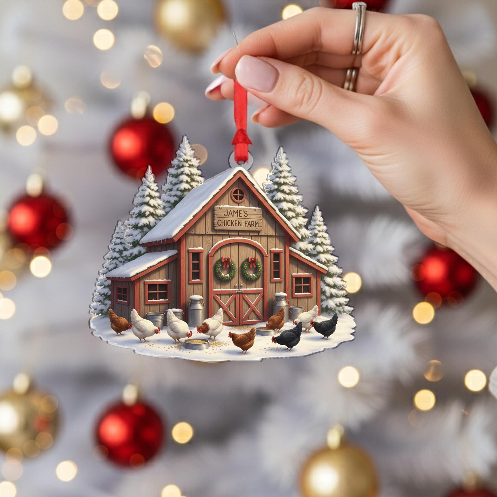 Personalised Chicken Farm Ornament: Custom Wooden Farmhouse Snowy Coop Hanging Decoration image 6