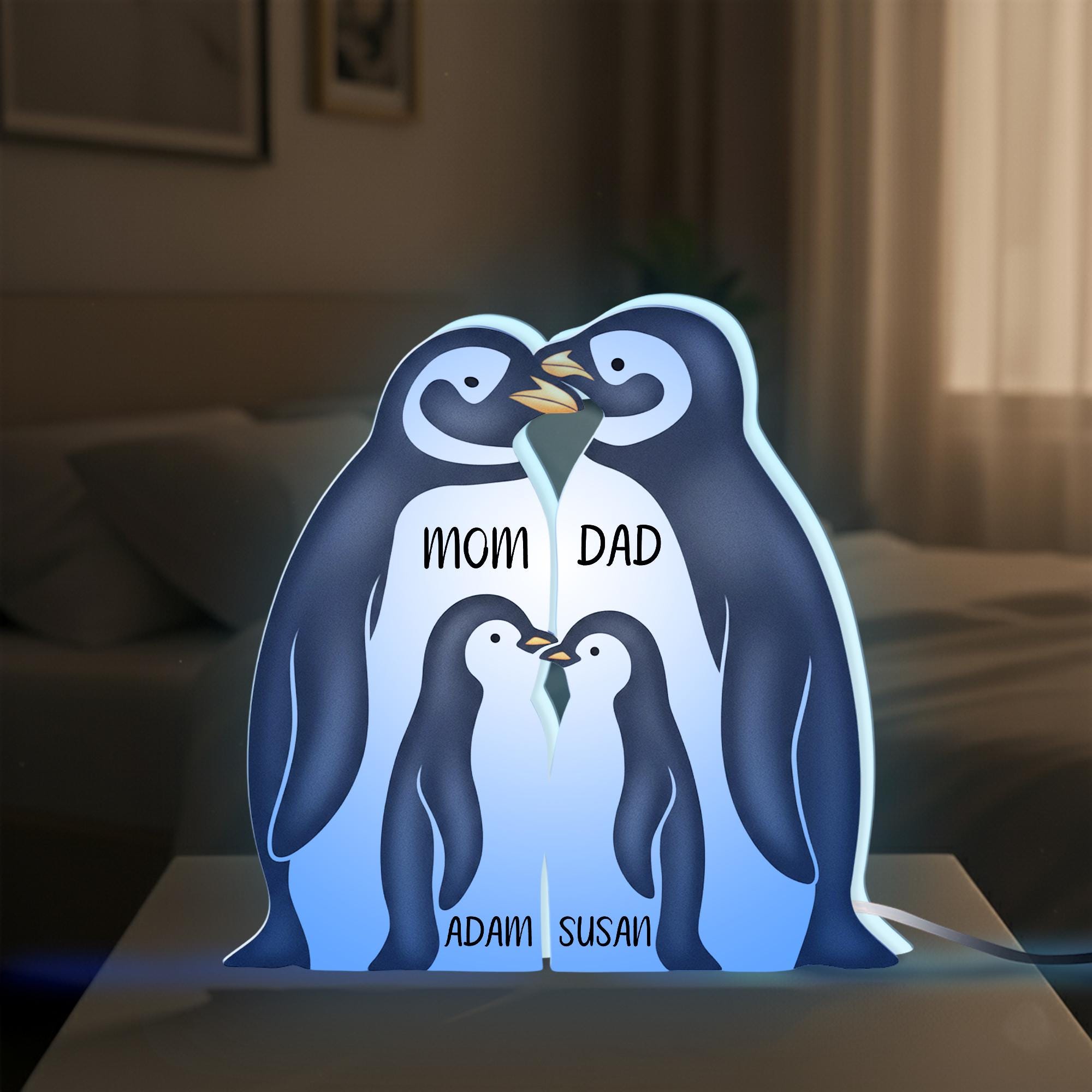 Custom Penguin Family Night Light Box: Personalized Names Winter Lamp image 1