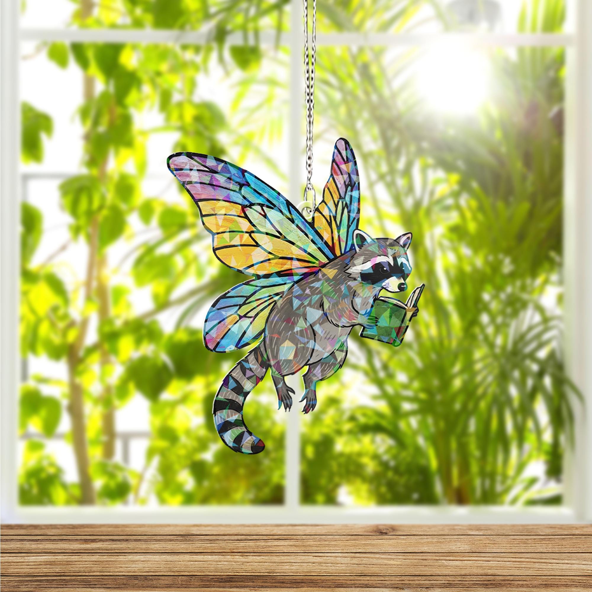 Holographic Fairy Raccoon Reading Book Acrylic Suncatcher Window Decor image 3