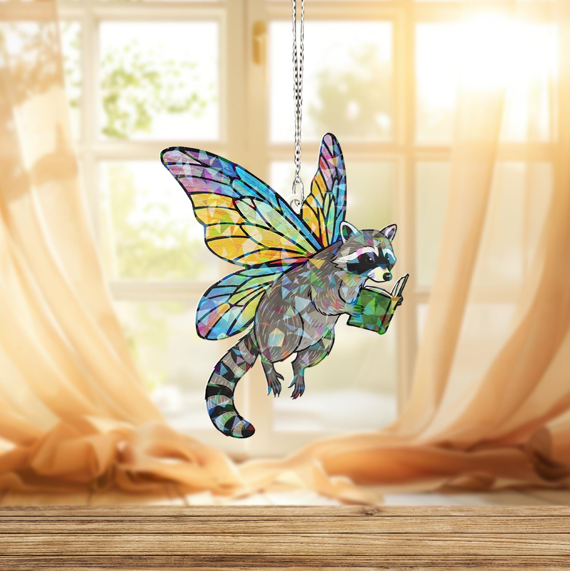 Holographic Fairy Raccoon Reading Book Acrylic Suncatcher Window Decor image 5