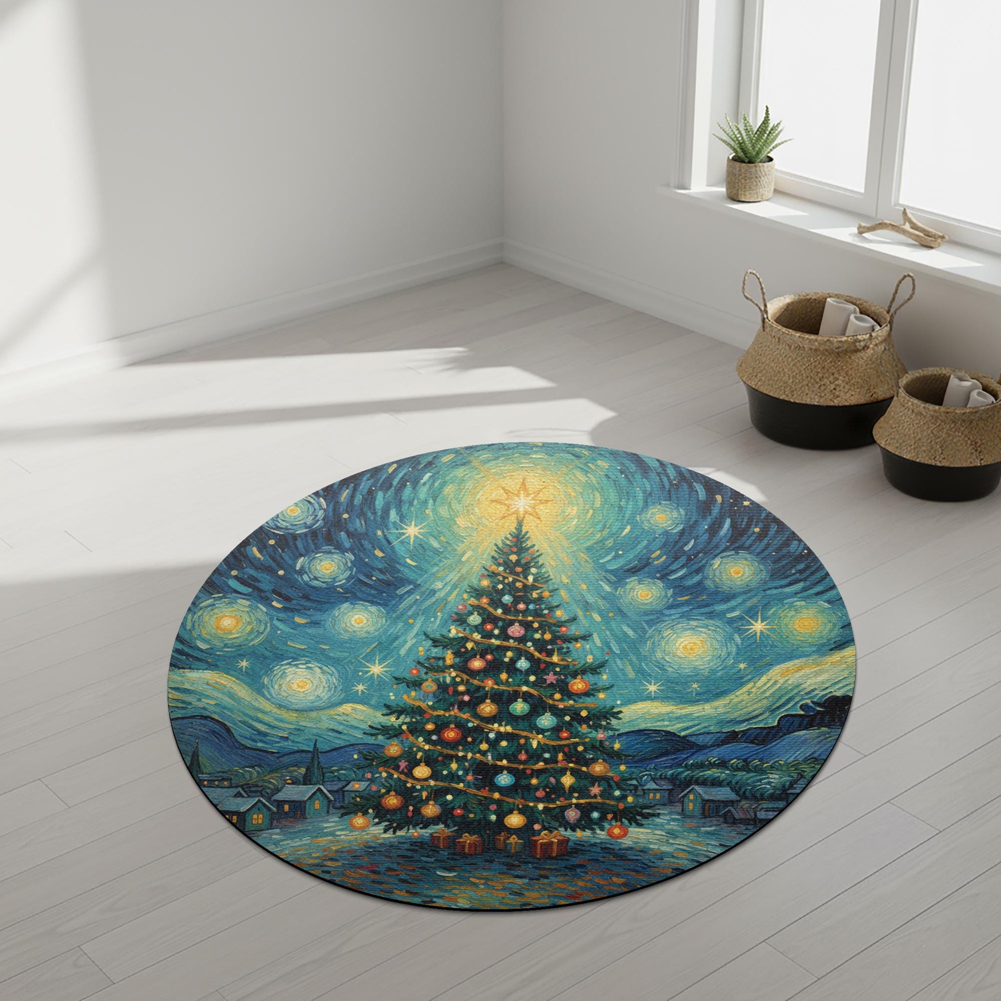 Starry Night Christmas Tree Round Rug – Blue Swirling Sky Tree Print Floor Mat image 1