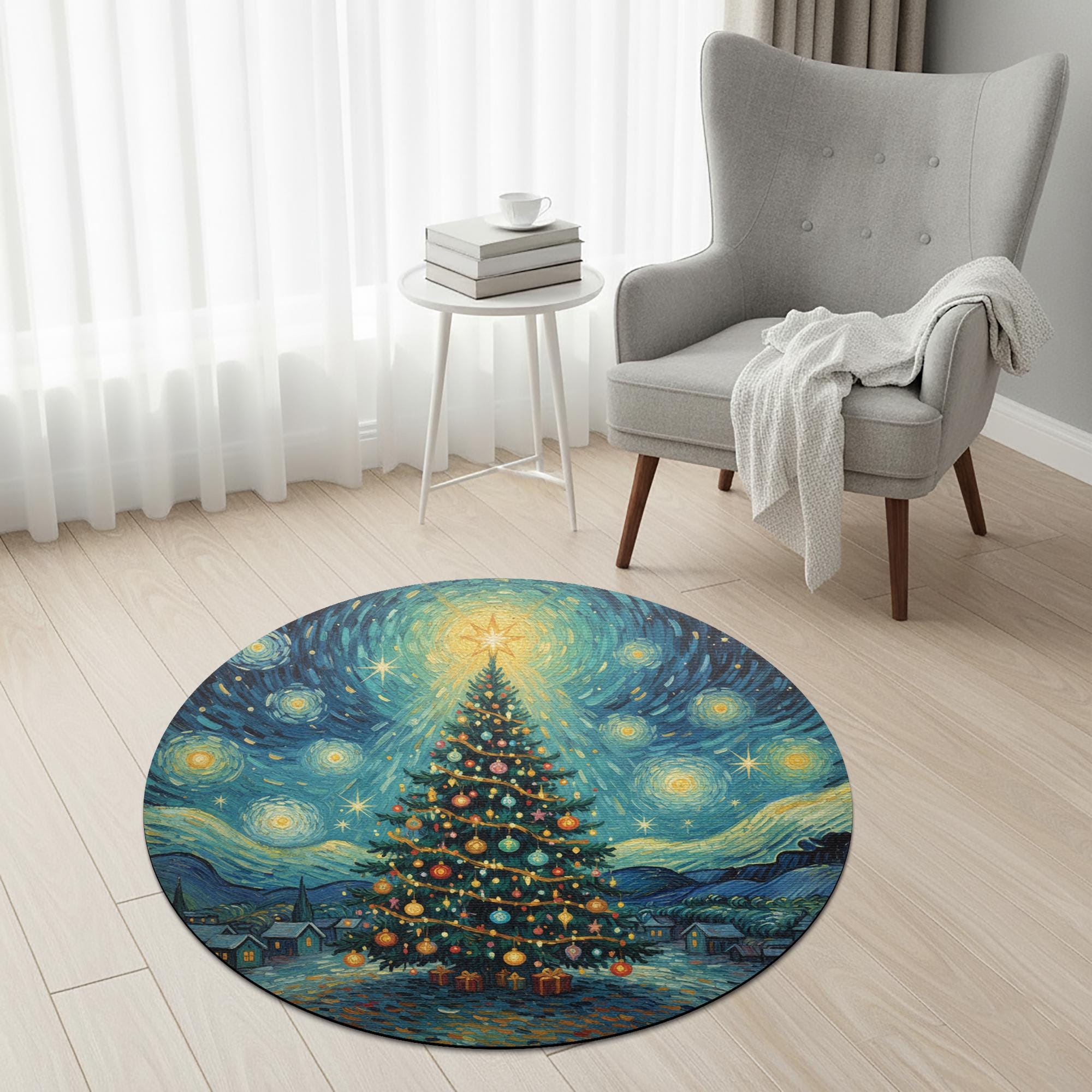Starry Night Christmas Tree Round Rug – Blue Swirling Sky Tree Print Floor Mat image 2