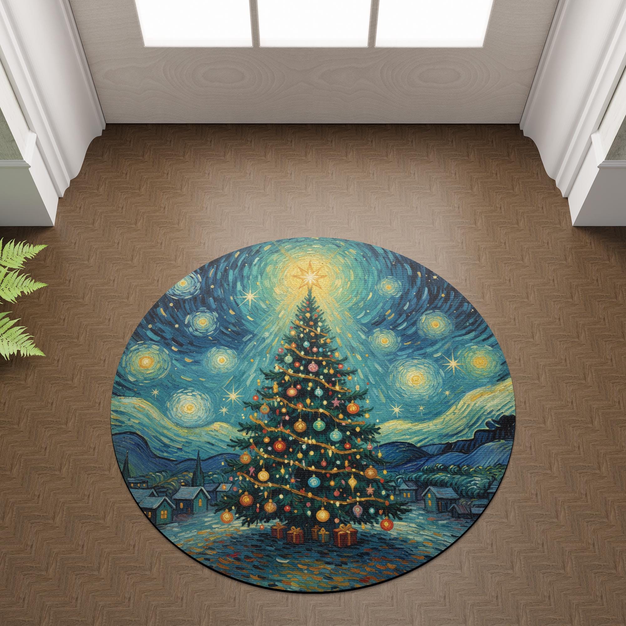Starry Night Christmas Tree Round Rug – Blue Swirling Sky Tree Print Floor Mat image 7