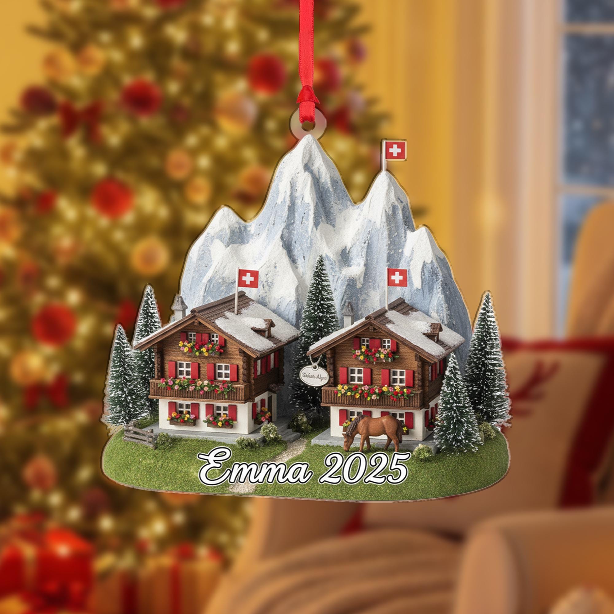 Personalised Swiss Alpine Chalet Ornament – Swiss Mountain Scene with Name & Year image 2