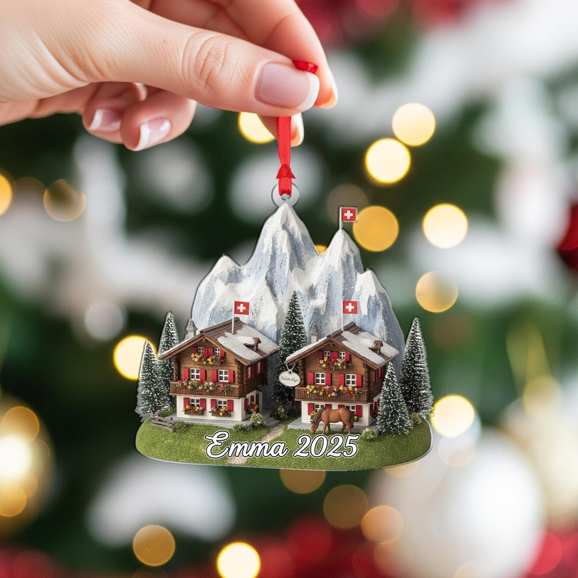 Personalised Swiss Alpine Chalet Ornament – Swiss Mountain Scene with Name & Year image 5