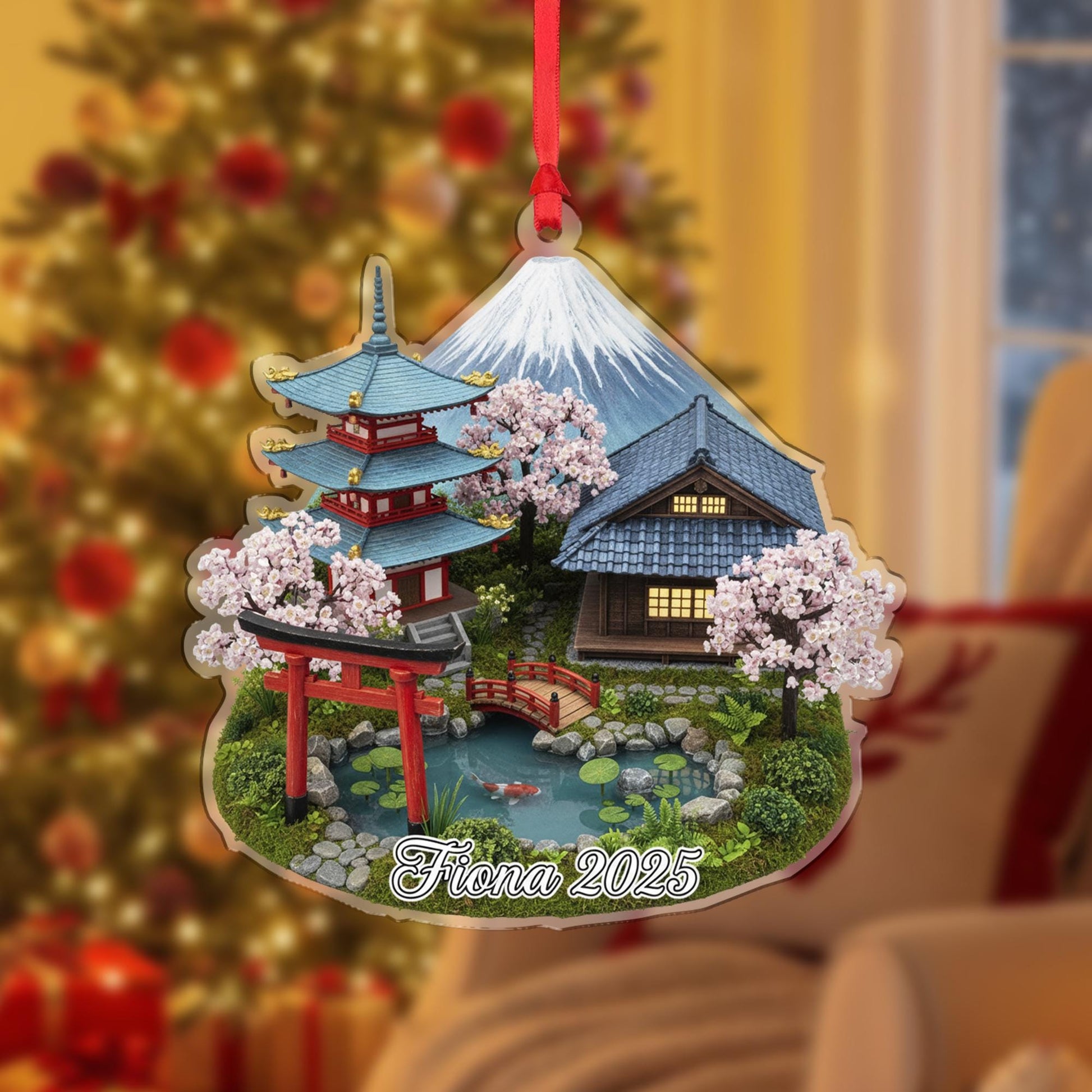 Personalised Japanese Garden Ornament – Mount Fuji & Pagoda Scene with Name and Year image 2