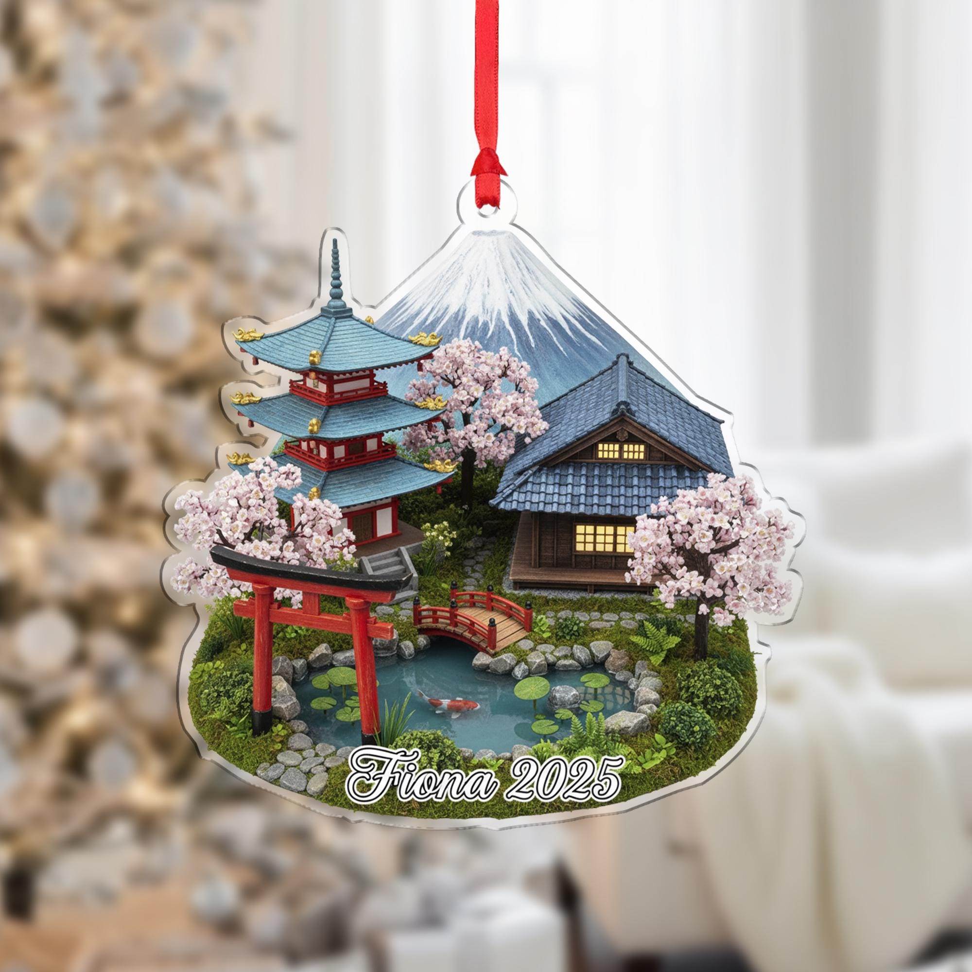 Personalised Japanese Garden Ornament – Mount Fuji & Pagoda Scene with Name and Year image 1