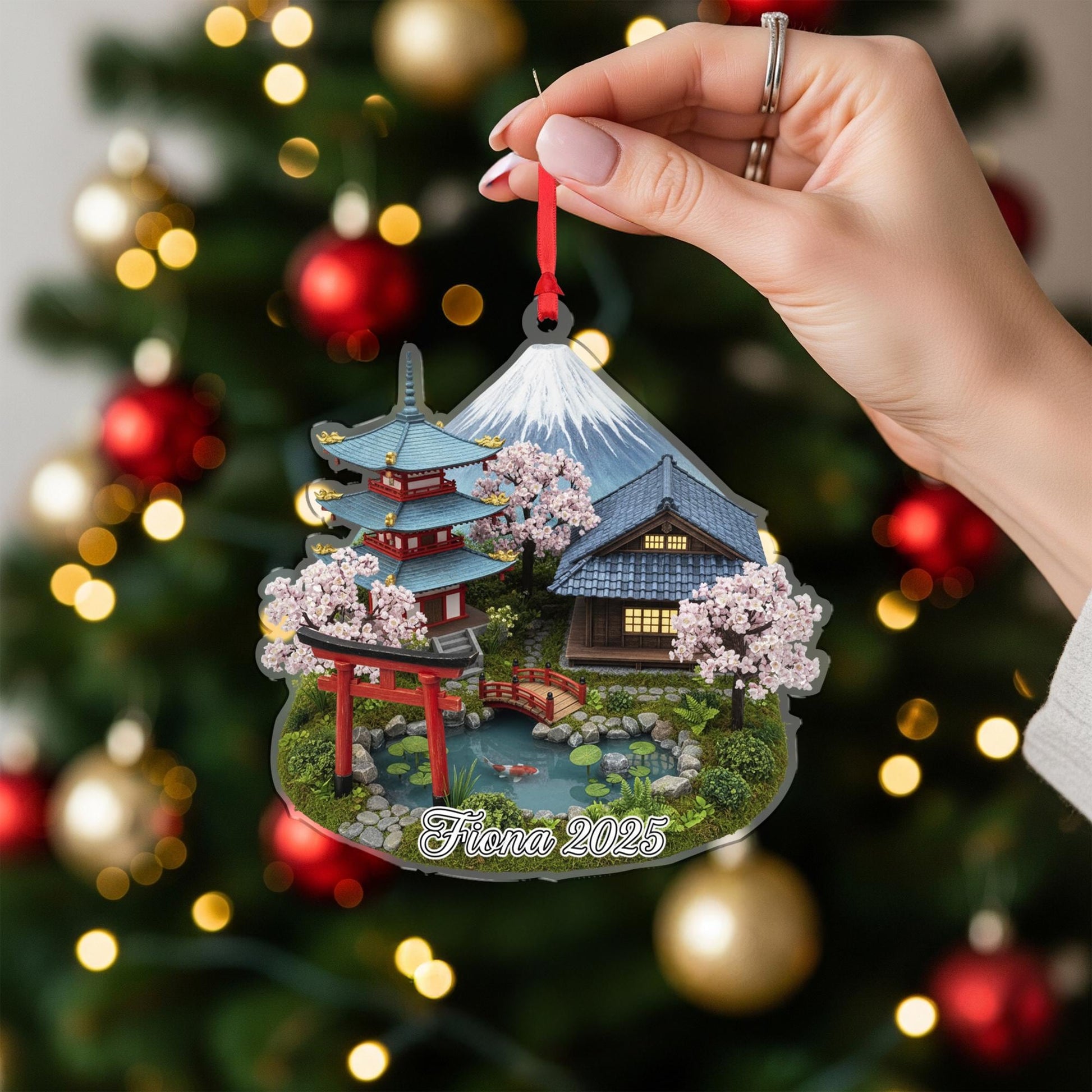 Personalised Japanese Garden Ornament – Mount Fuji & Pagoda Scene with Name and Year image 3