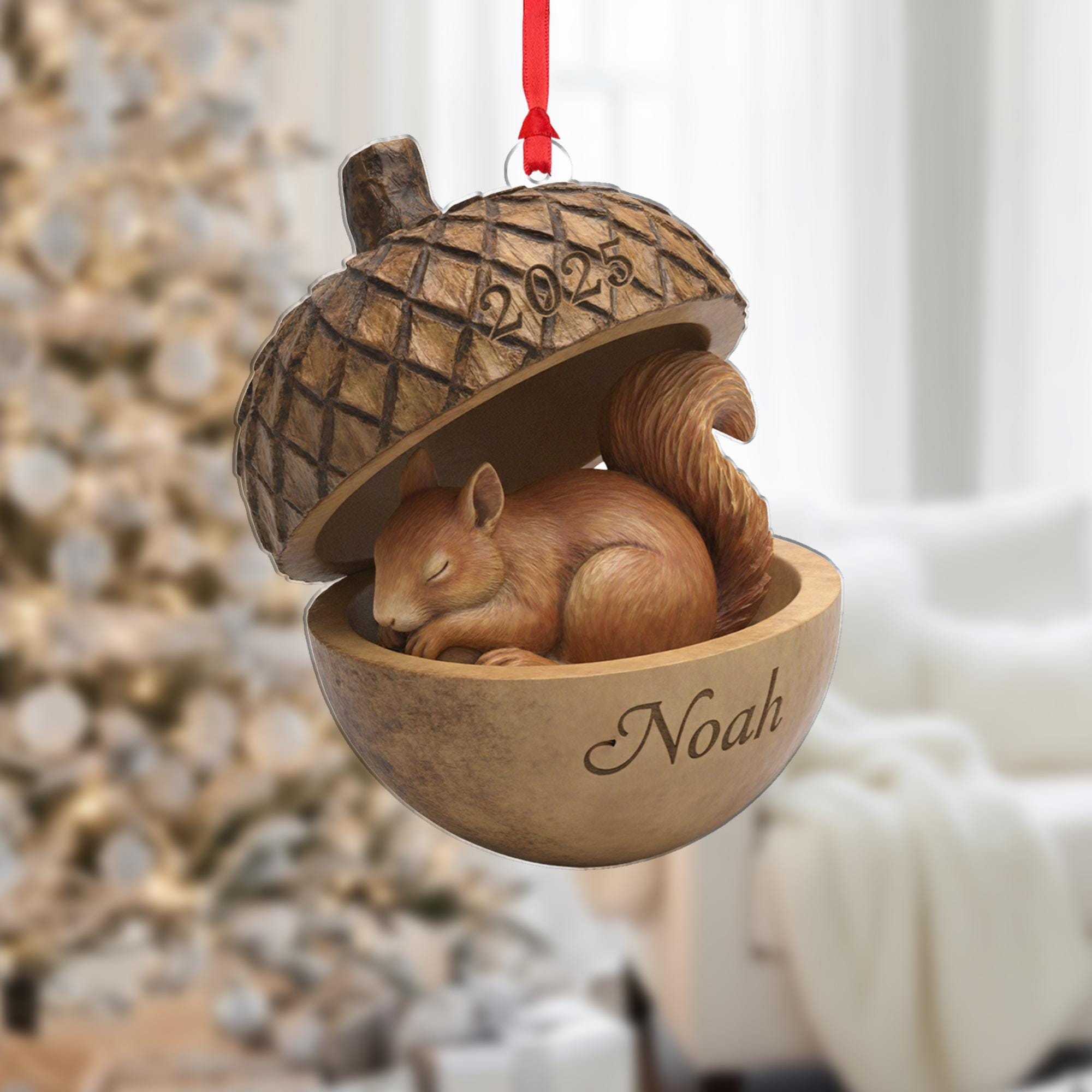 Personalized Squirrel in Acorn Ornament: Custom Name Acrylic Woodland Gift image 1