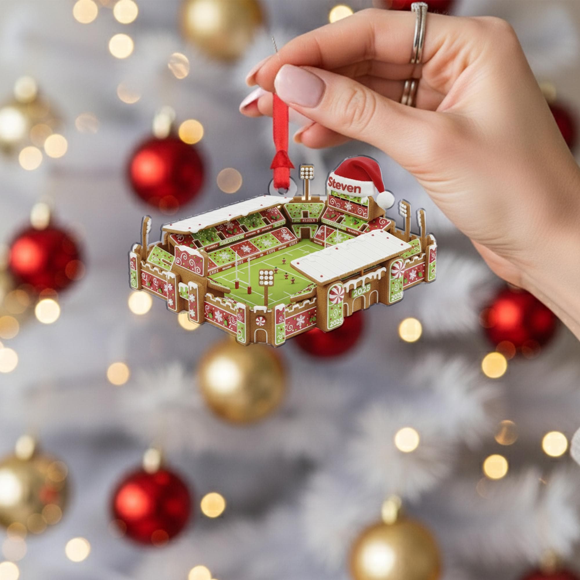 Personalized Gingerbread Football Stadium Ornament: Custom Name Acrylic Sports Gift image 1