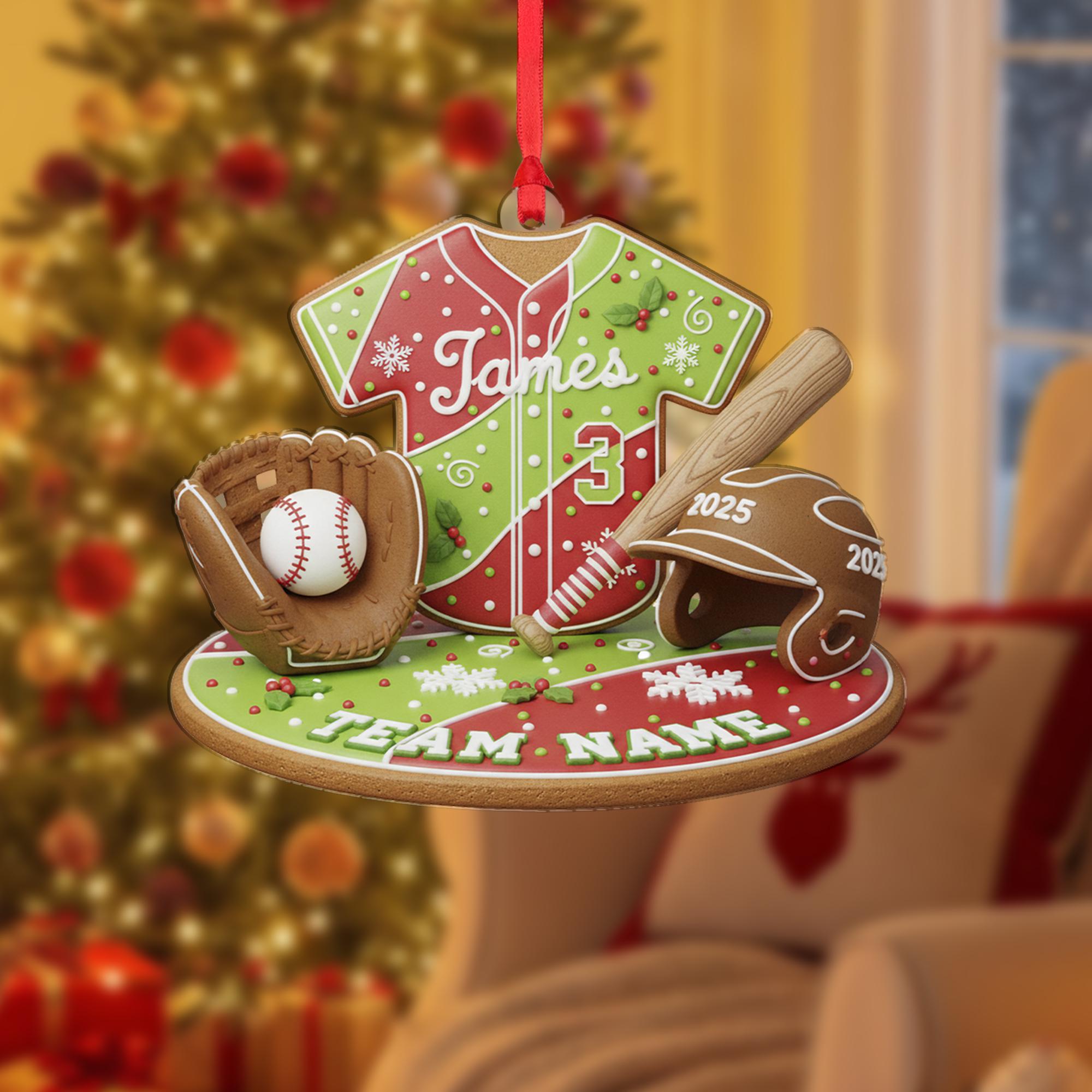 Personalized Gingerbread Baseball Ornament: Custom Name, Number, Team Acrylic Gift image 1