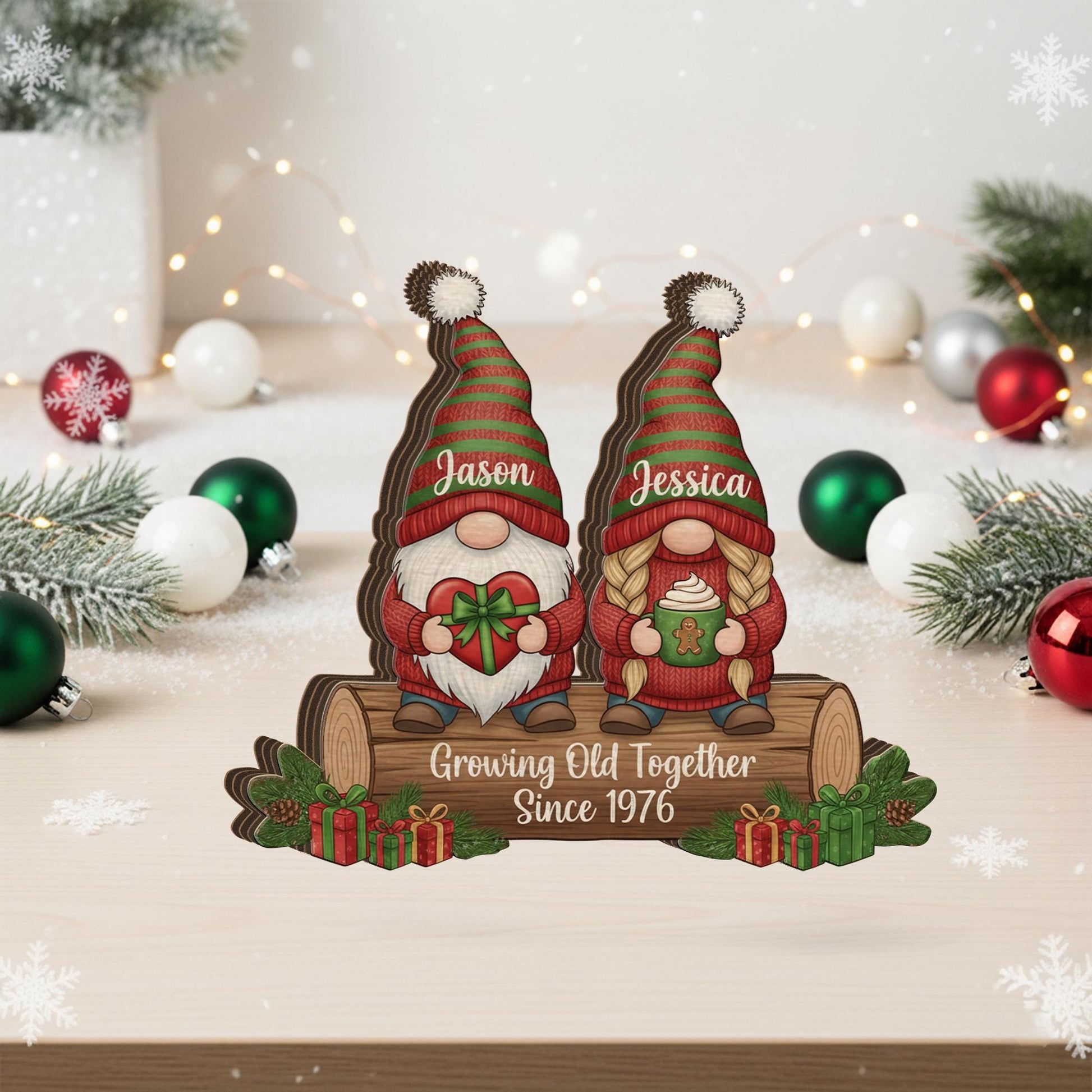 Christmas Growing Old Together Wooden Block – Personalized Gnome Couple Name & Anniversary Decor image 3