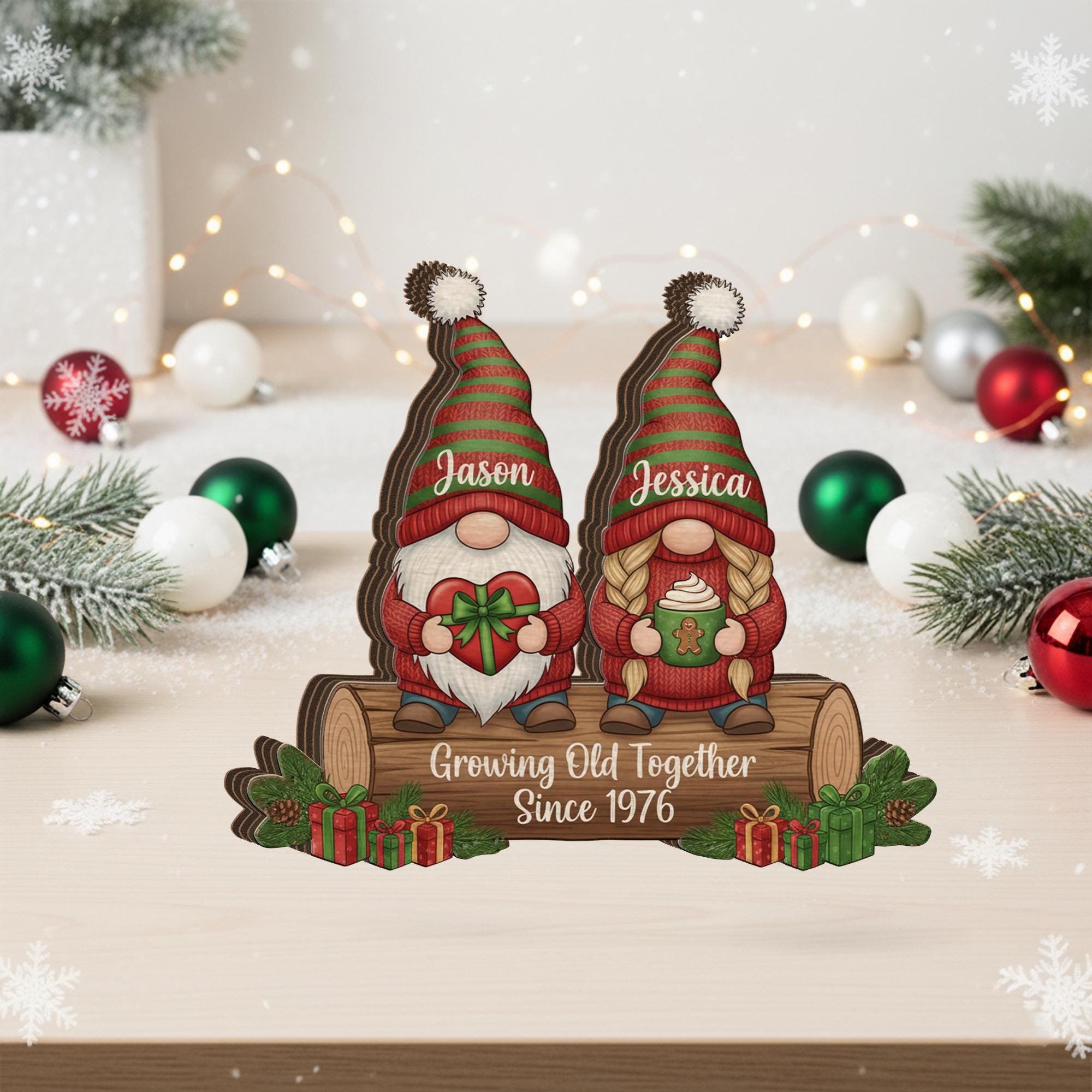 Christmas Growing Old Together Wooden Block – Personalized Gnome Couple Name & Anniversary Decor image 3