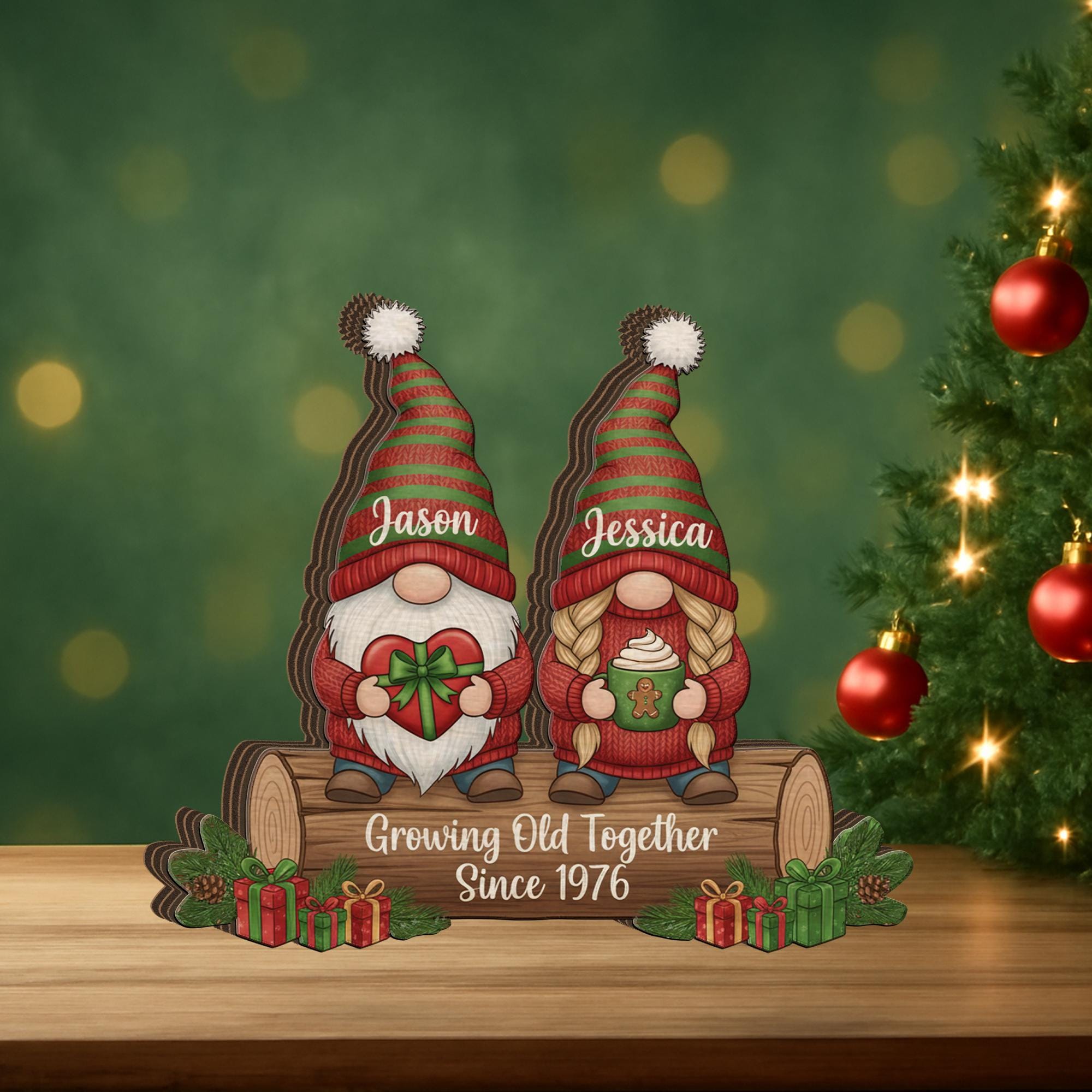 Christmas Growing Old Together Wooden Block – Personalized Gnome Couple Name & Anniversary Decor image 2