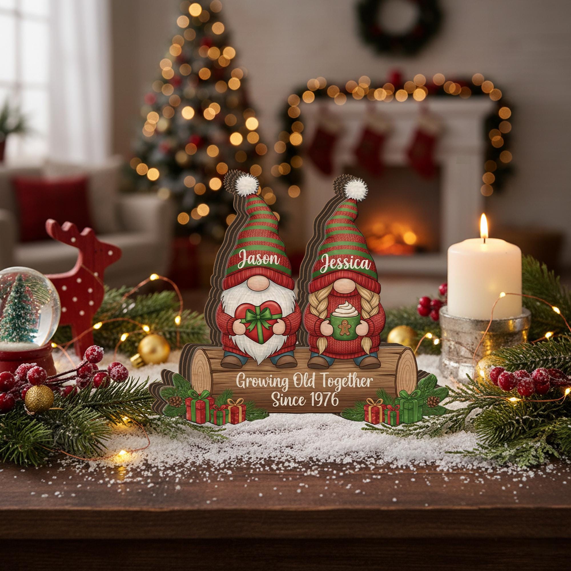 Christmas Growing Old Together Wooden Block – Personalized Gnome Couple Name & Anniversary Decor image 4