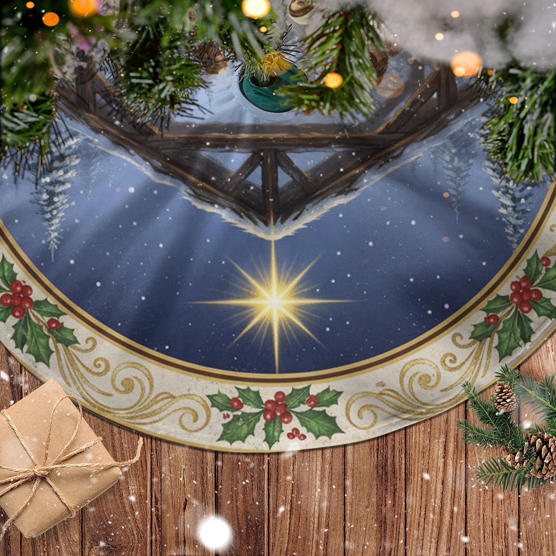 Christmas Tree Skirt: Nativity Scene Design, Scripture Quote, Holly Border image 3