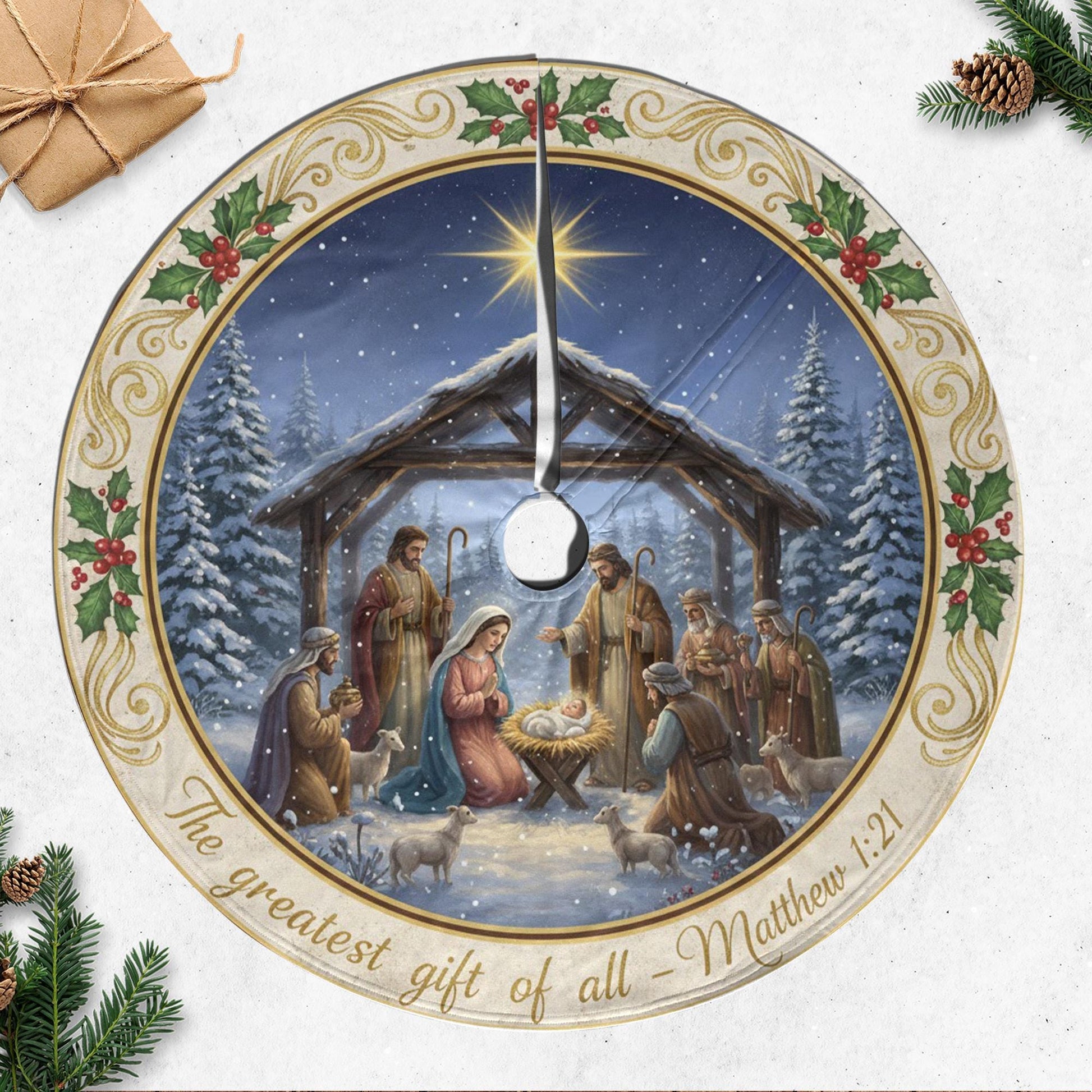 Christmas Tree Skirt: Nativity Scene Design, Scripture Quote, Holly Border image 2